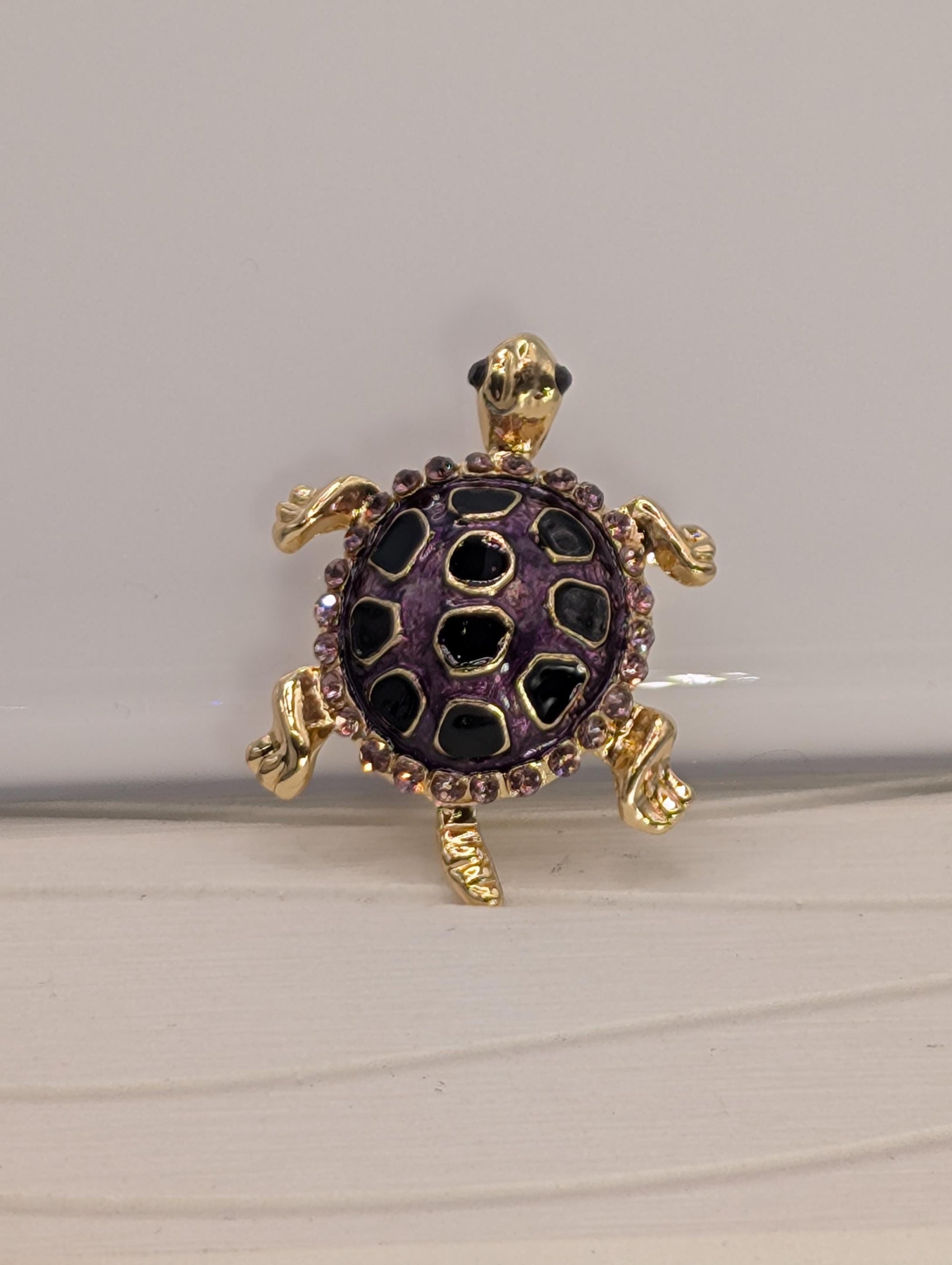 Turtle Brooch Pin: Gold Plated with Amethyst Rhinestone (Delicate Lightweight)