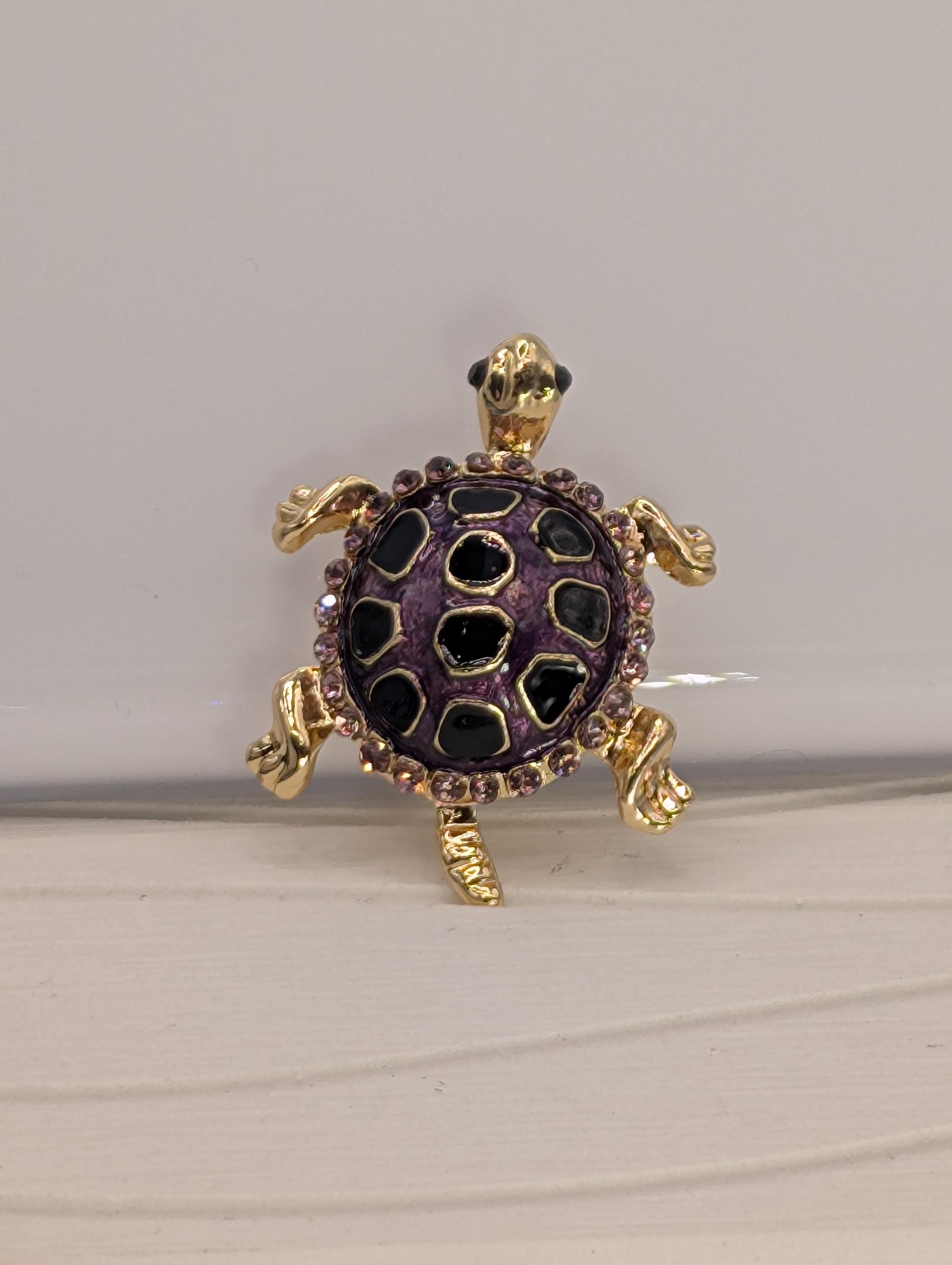 Turtle Brooch Pin: Gold Plated with Amethyst Rhinestone (Delicate Lightweight)