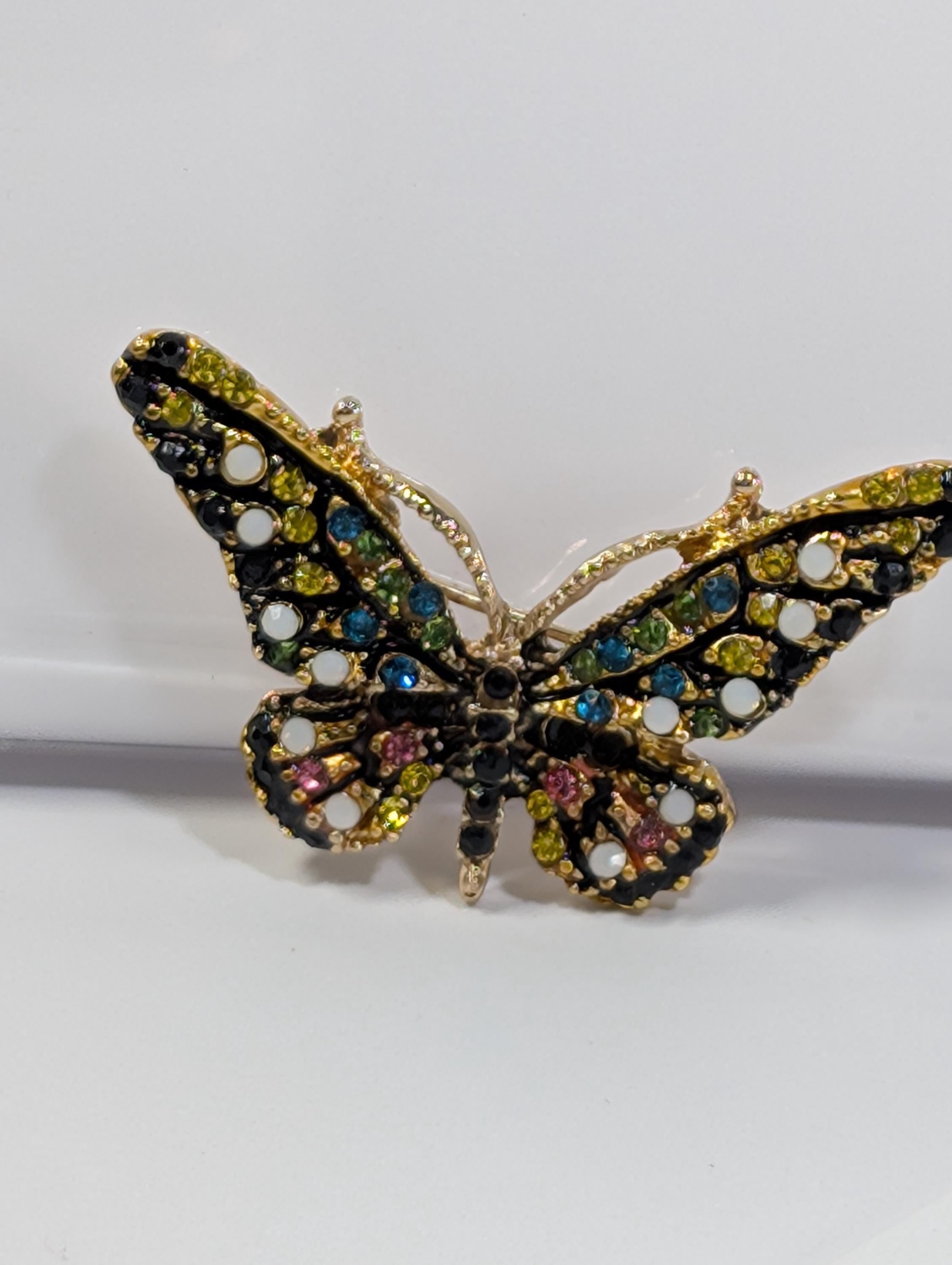 Yellow Enamel Brooch Pin - Gold Plated with Rhinestone Detail