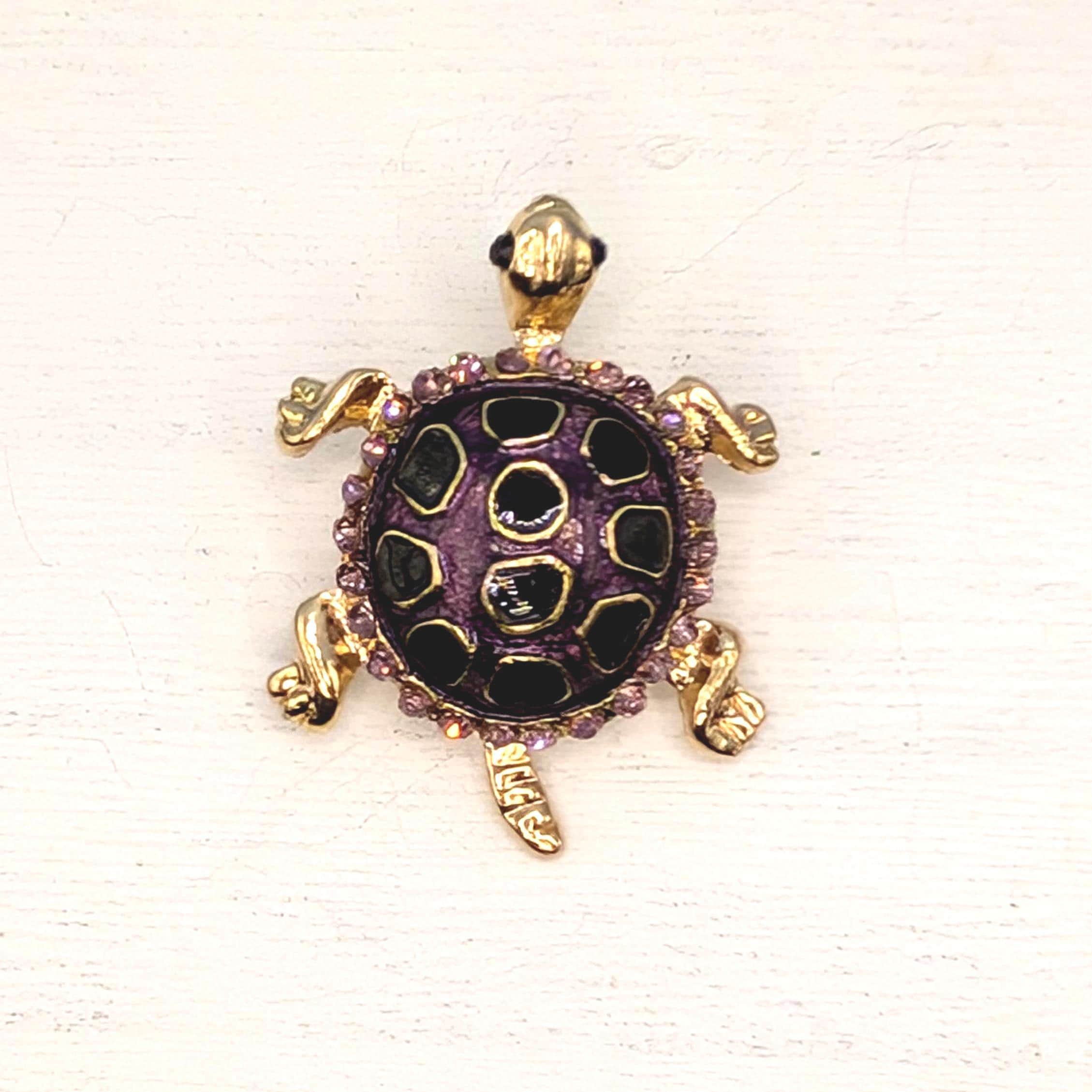 Turtle Brooch Pin: Gold Plated with Amethyst Rhinestone (Delicate Lightweight) | Handmade Pin | Jacket Scarf Hat Accessory | Gift Idea