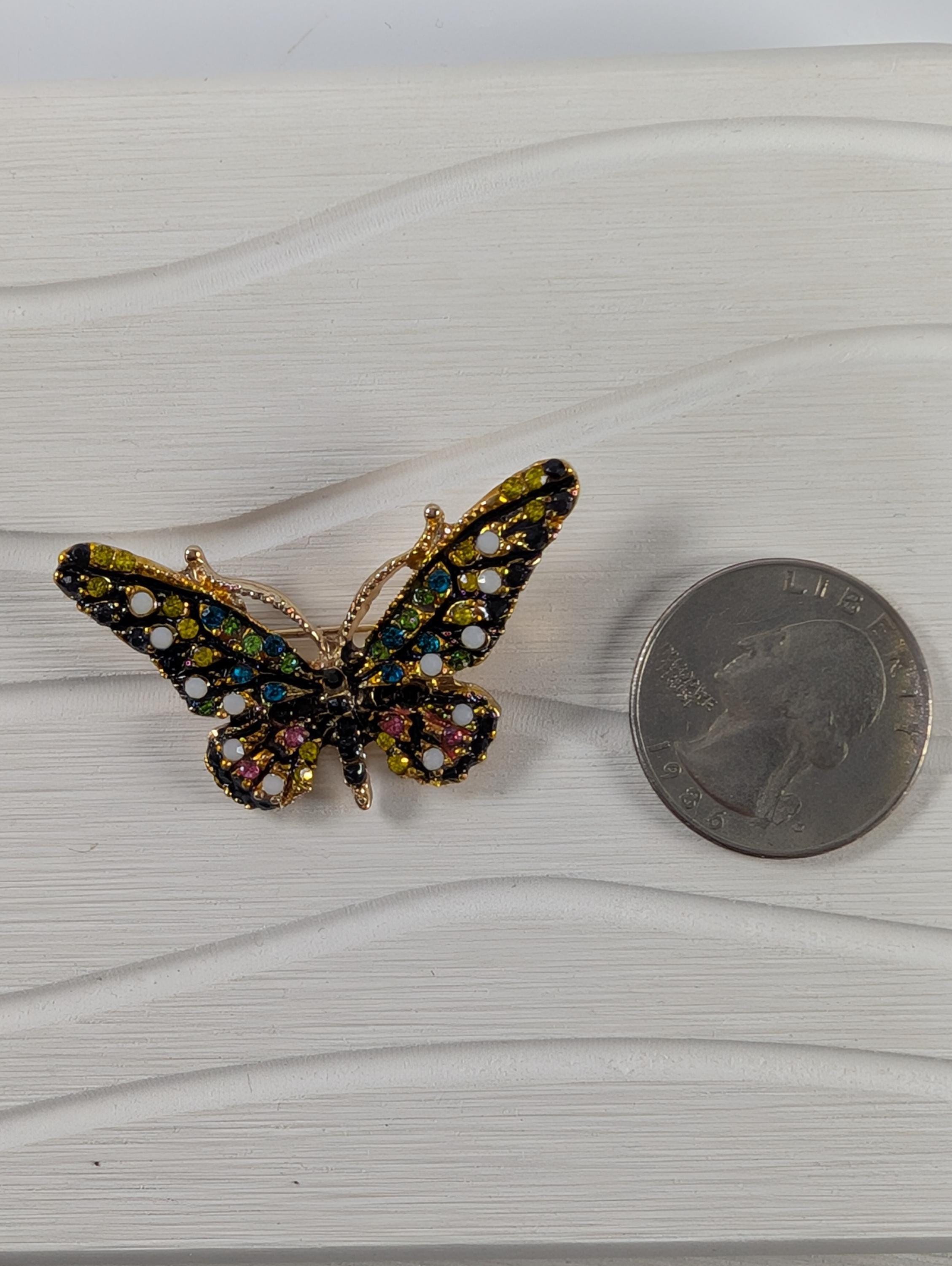 Yellow Enamel Brooch Pin - Gold Plated with Rhinestone Detail