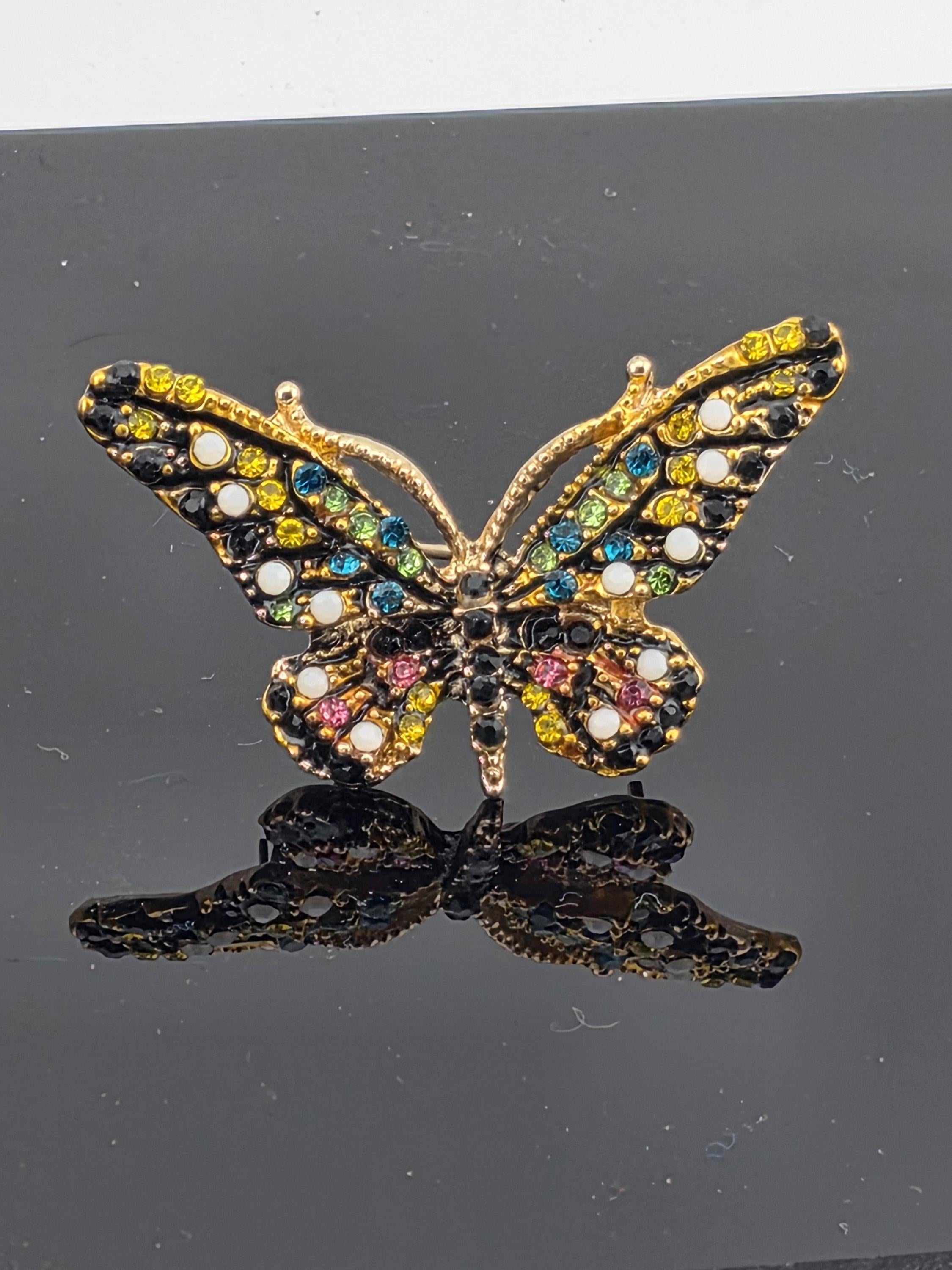 Yellow Enamel Brooch Pin - Gold Plated with Rhinestone Detail