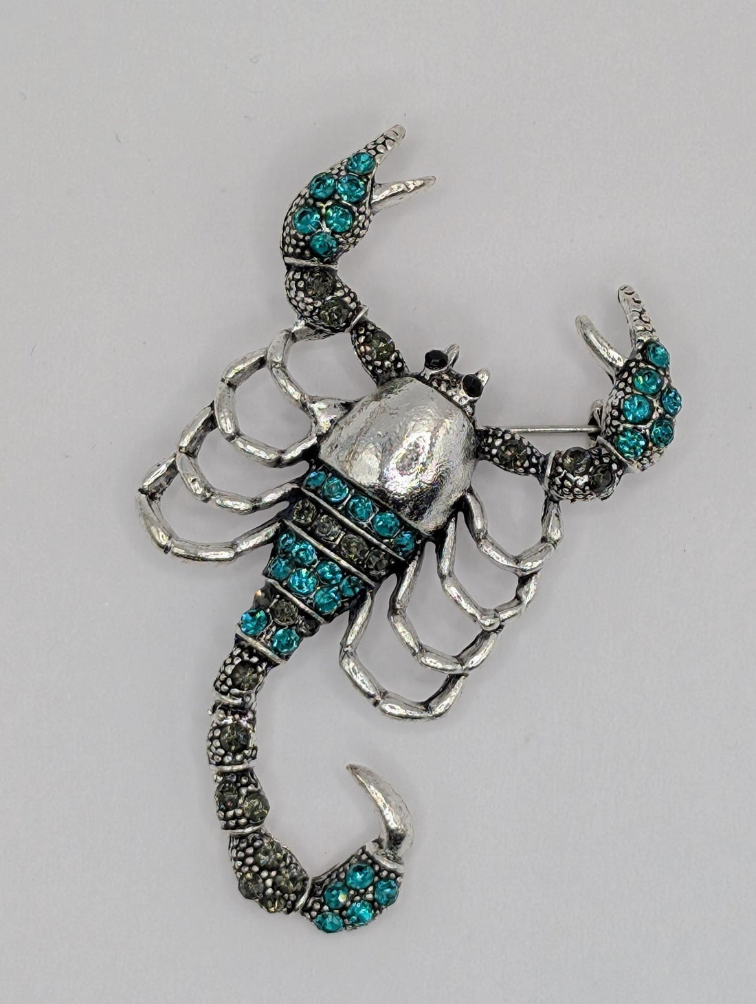 Scorpion Brooch: Teal Enamel Detail - Silver Plated Pin