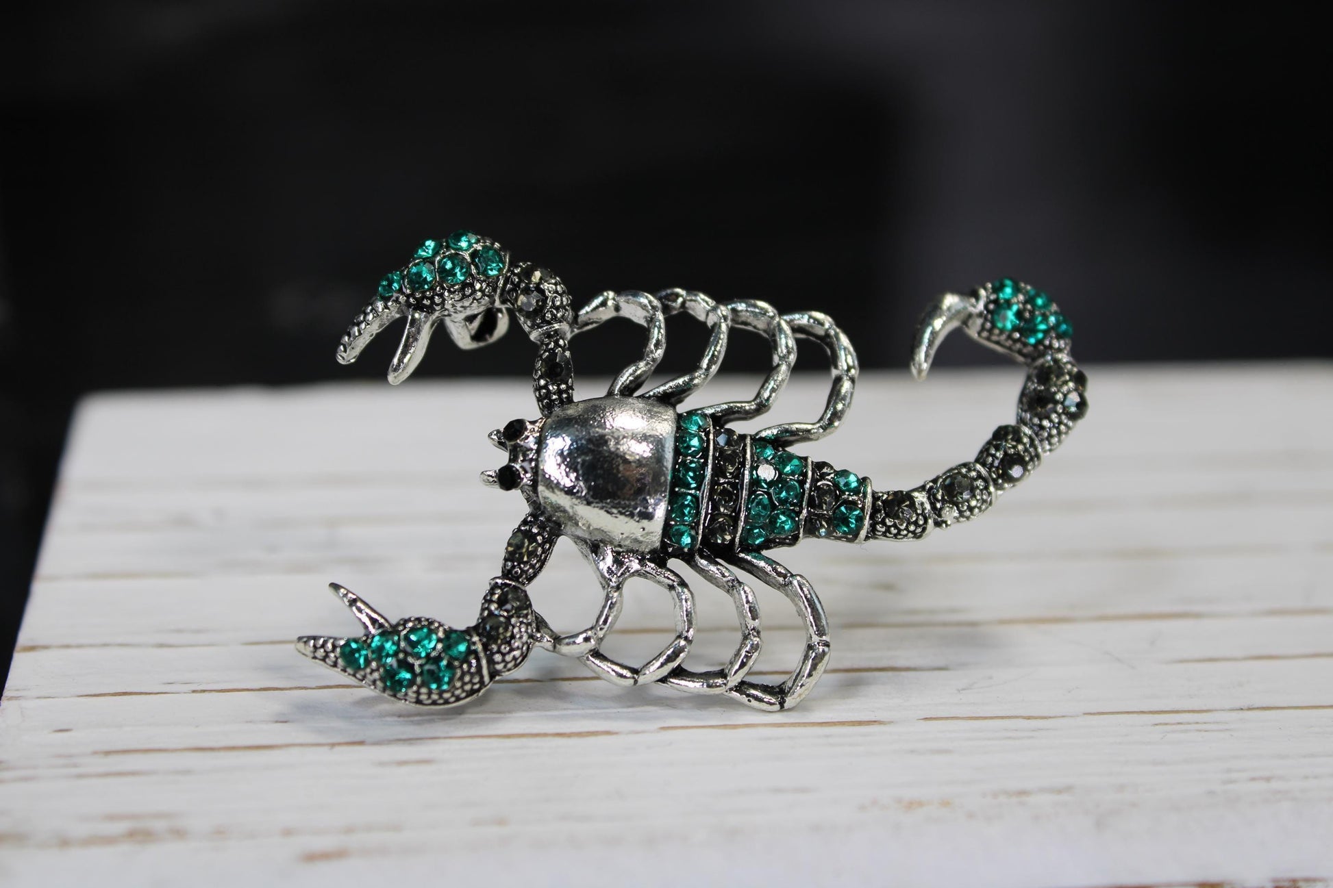 Scorpion Brooch: Teal Enamel Detail - Silver Plated Pin