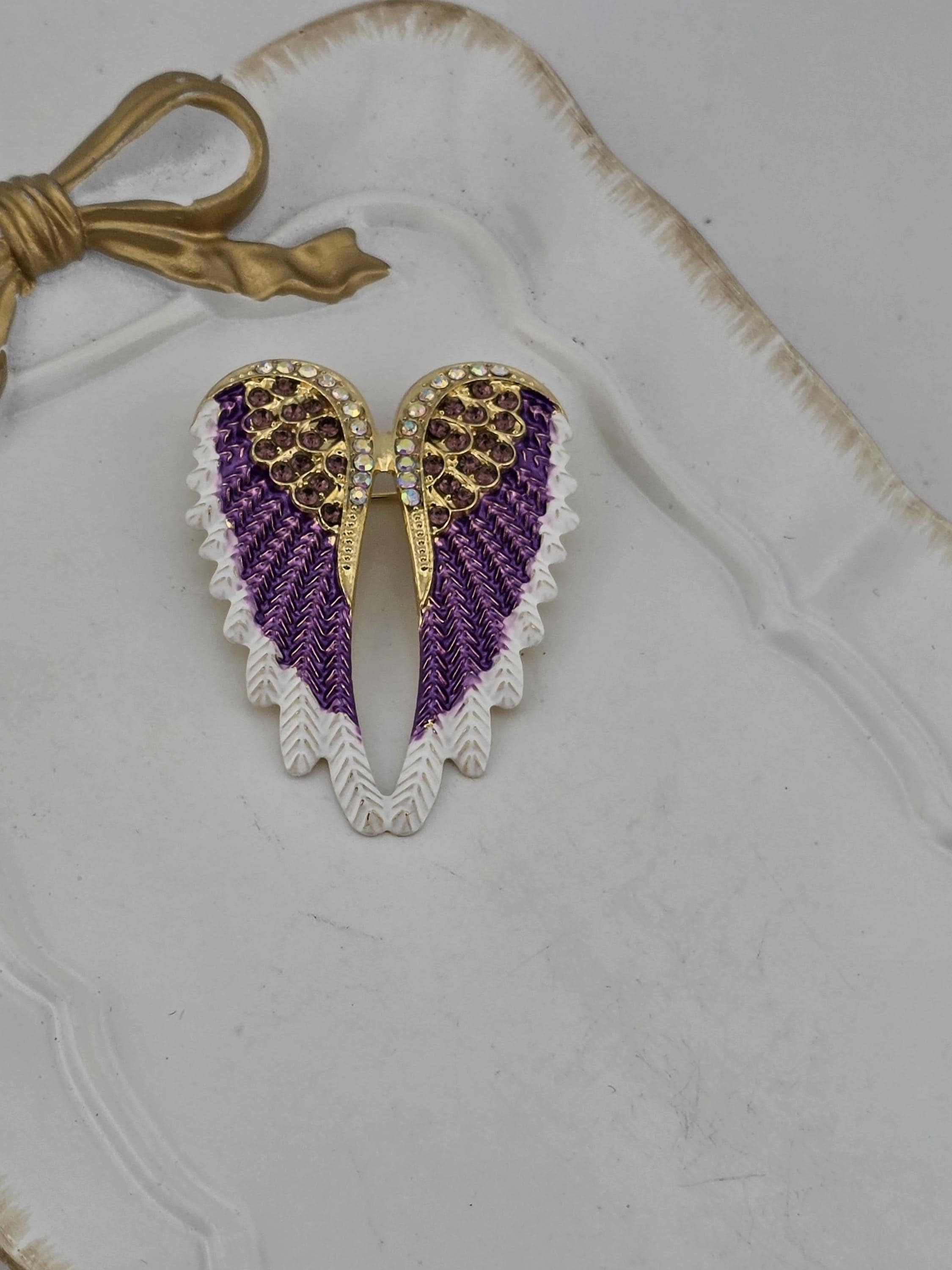 Gold Plated Angel Wing Pendant - Purple and White Enamel Accent | Handmade Pin | Jacket Scarf Hat Accessory | Gift Idea