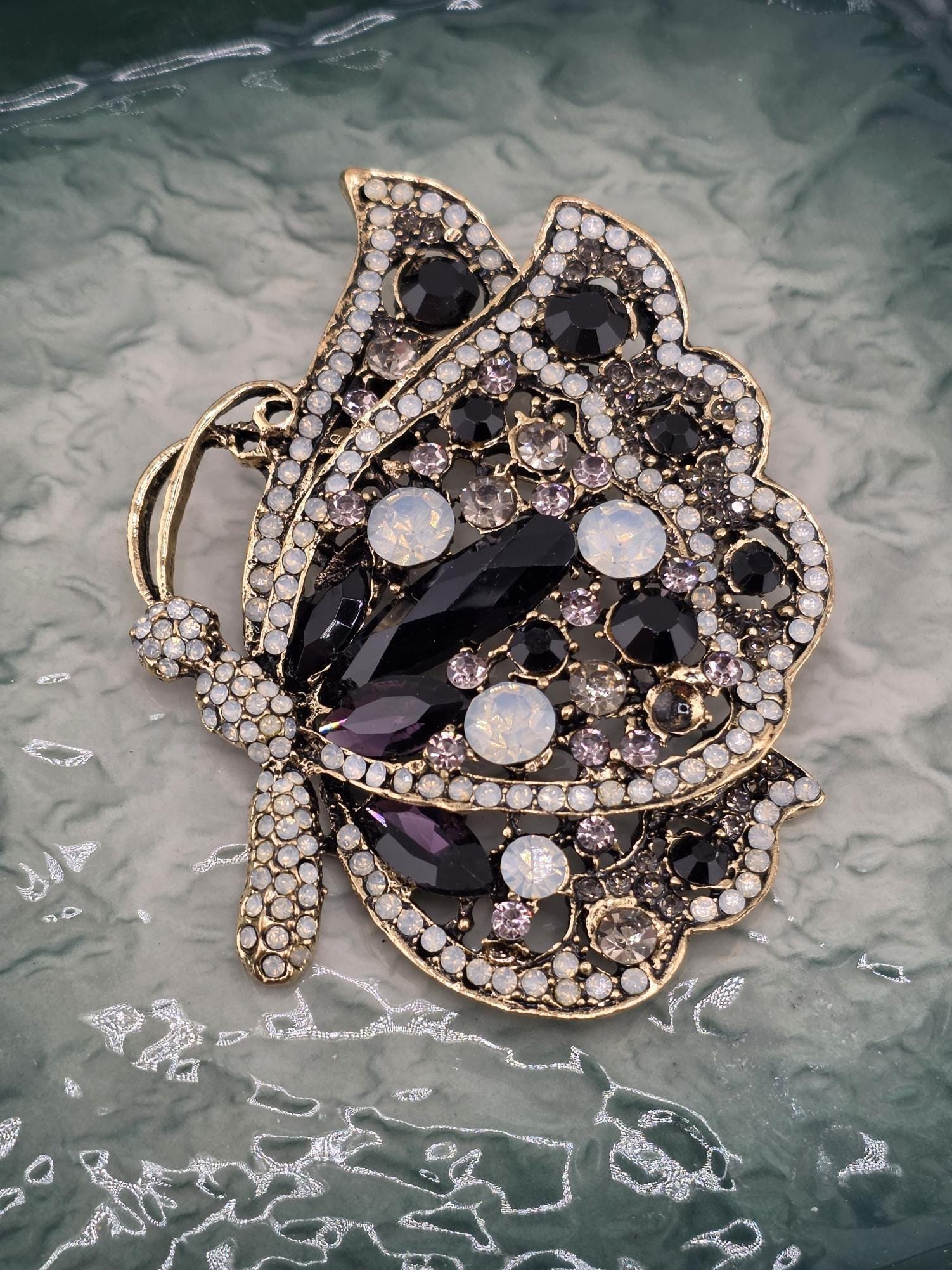 Butterfly Brooch: Silver-Plated, Amethyst Rhinestones - Bold Statement Pin