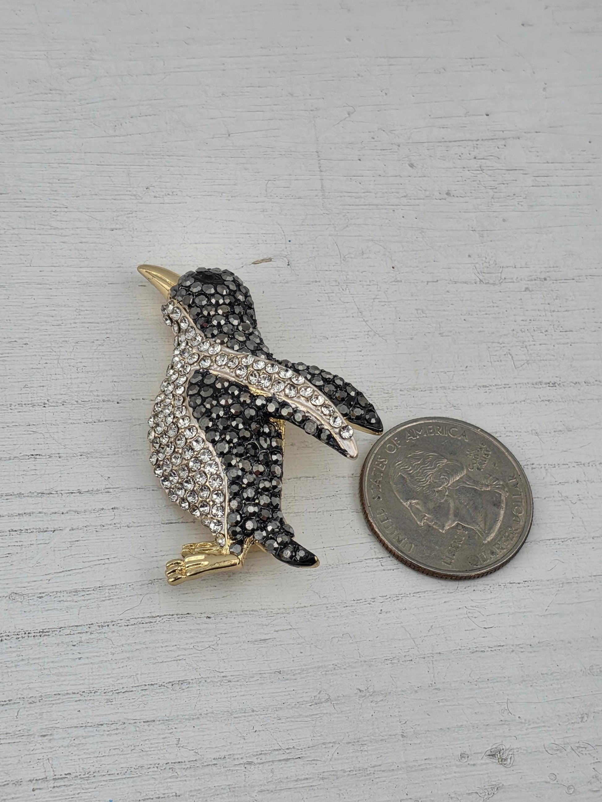 Penguin Pendant Charm - Gold Plated with Rhinestone Detail | Handmade Pin | Jacket Scarf Hat Accessory | Gift Idea