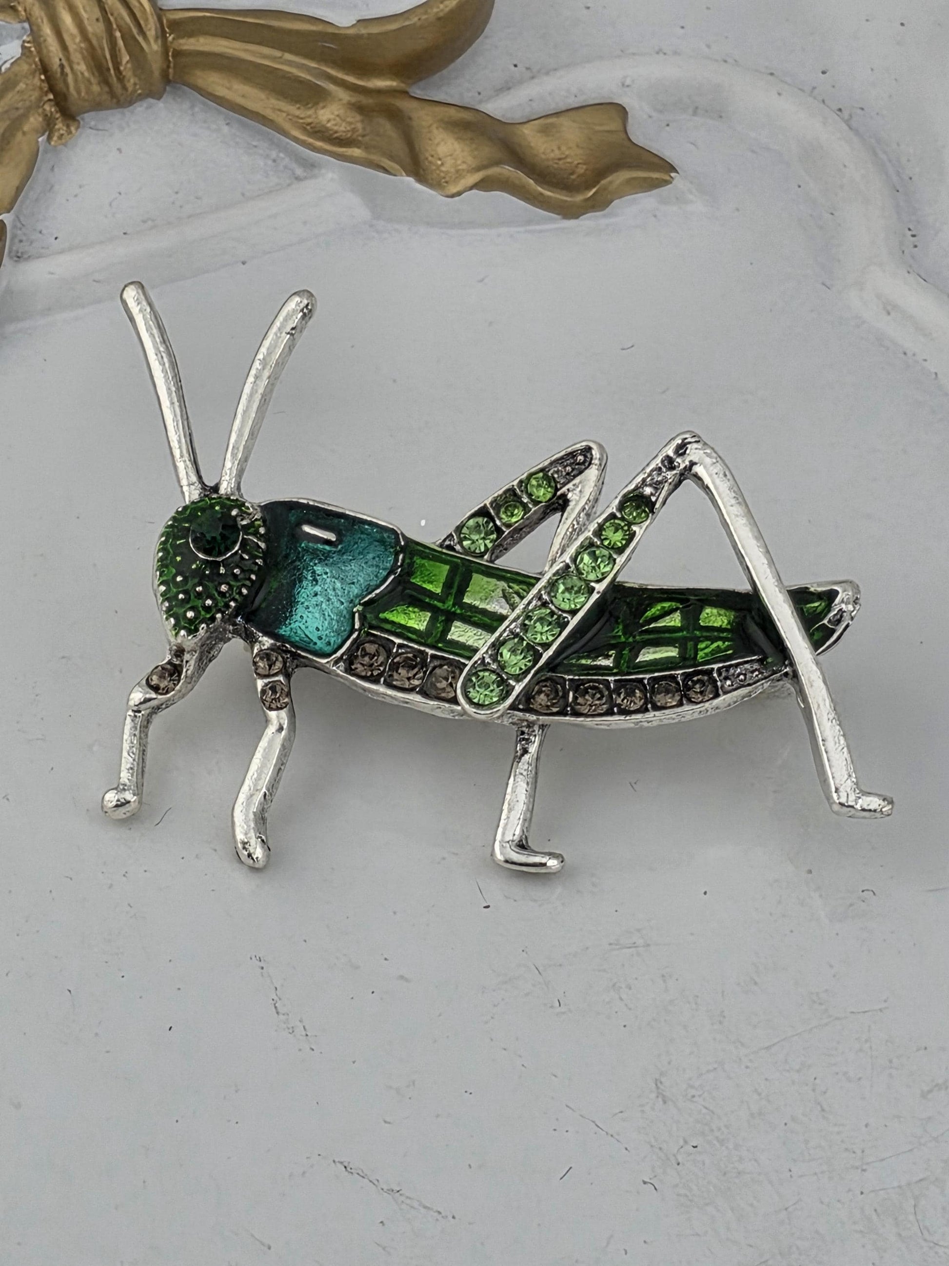 Grasshopper Brooch: Silver Plated Nature Pin (Handcrafted Green Detail)