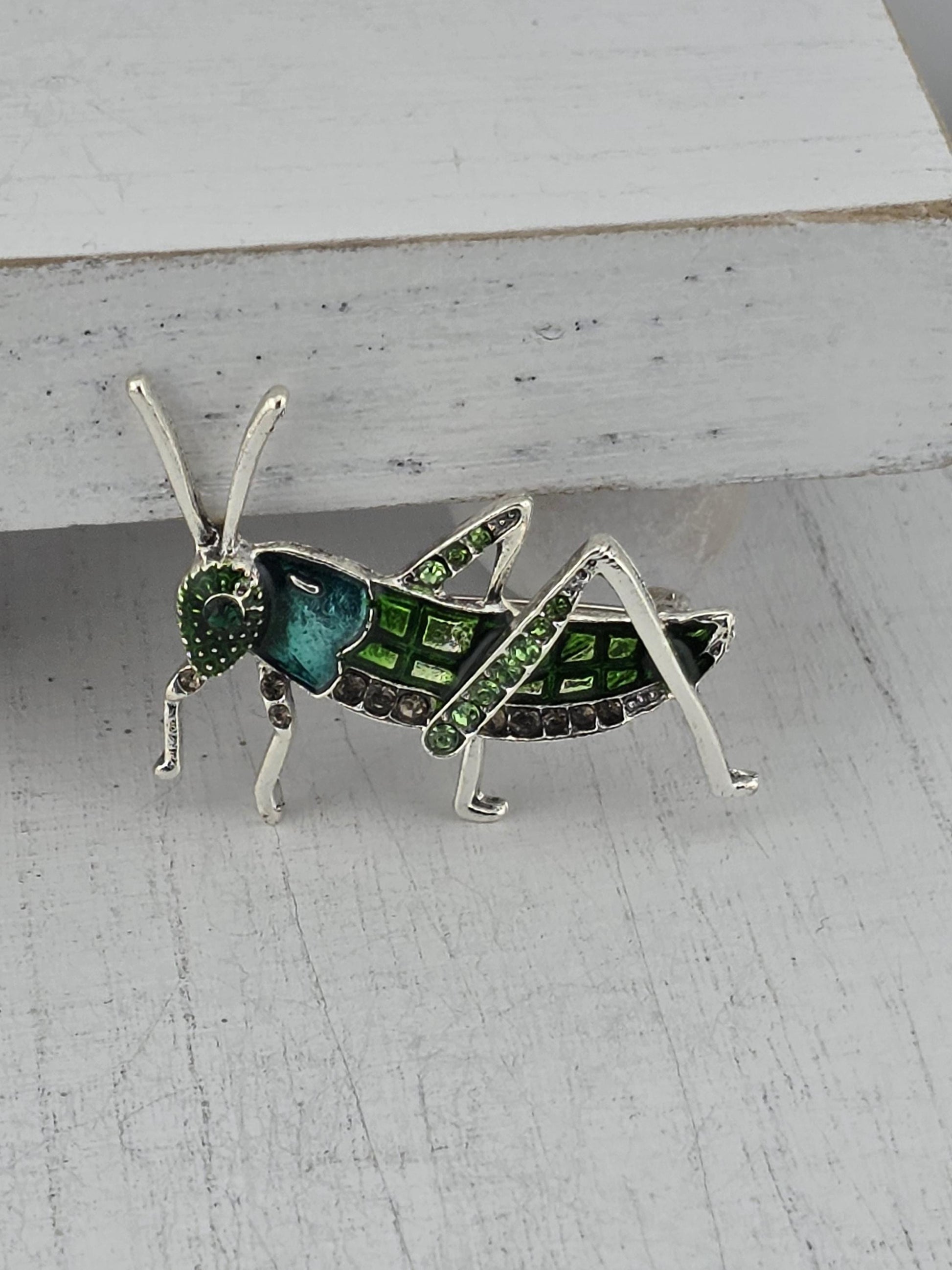 Grasshopper Brooch: Silver Plated Nature Pin (Handcrafted Green Detail)