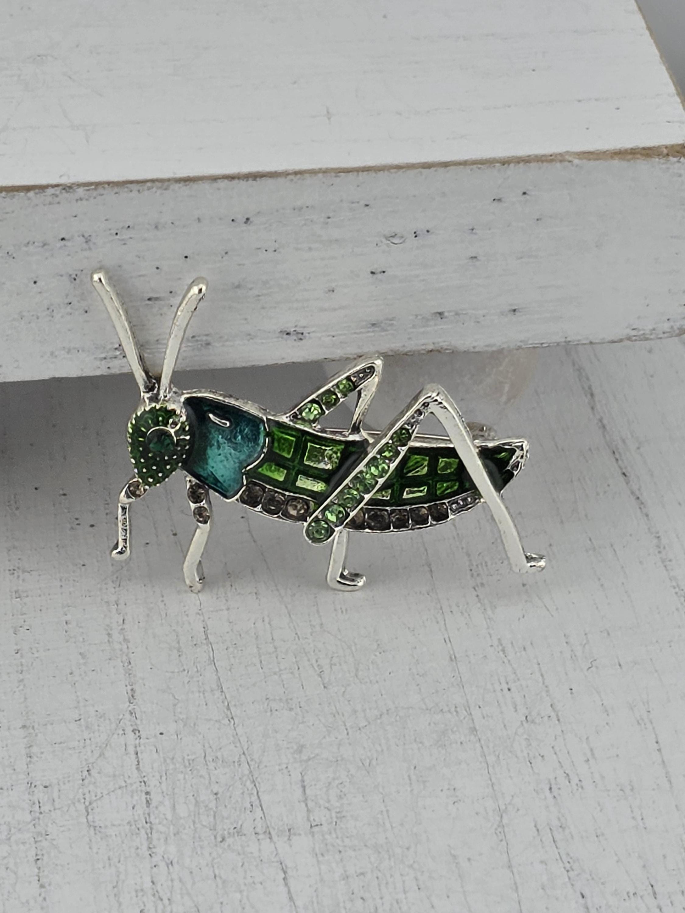 Grasshopper Brooch: Silver Plated Nature Pin (Handcrafted Green Detail)