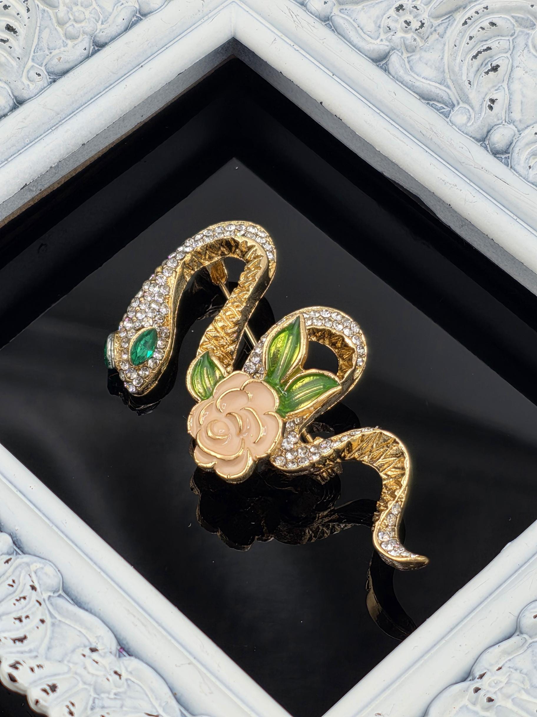 Snake and Rose Pin: Gold Plated Floral Design - Compact Rhinestone Accent | Handmade Pin | Jacket Scarf Hat Accessory | Gift Idea