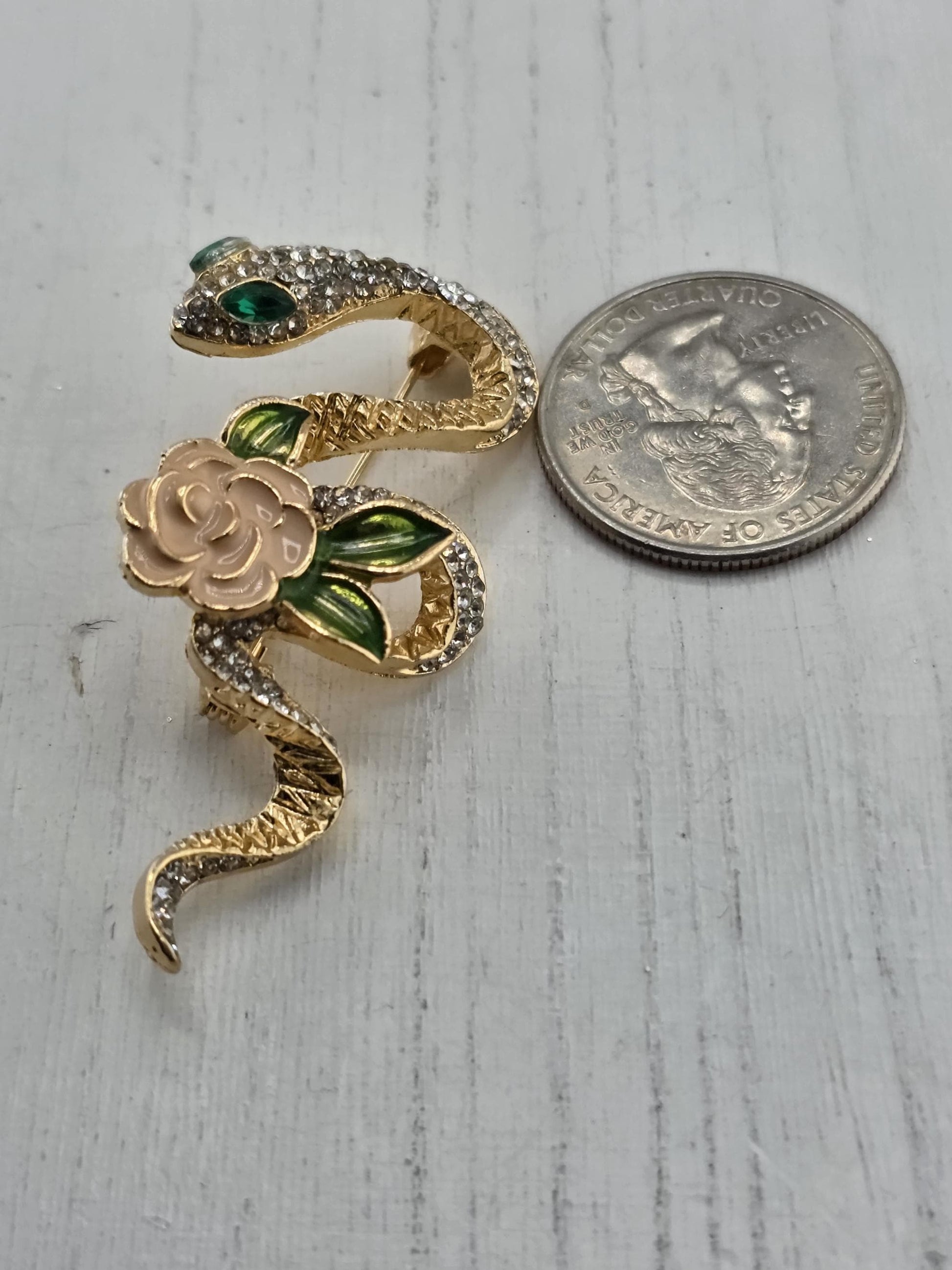 Snake and Rose Pin: Gold Plated Floral Design - Compact Rhinestone Accent | Handmade Pin | Jacket Scarf Hat Accessory | Gift Idea