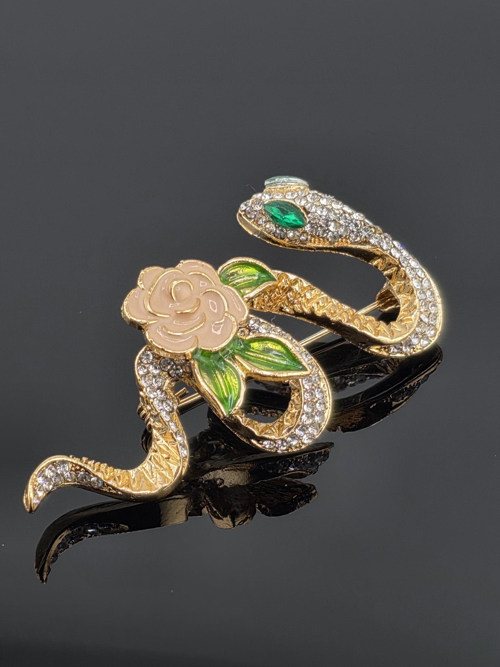 Snake and Rose Pin: Gold Plated Floral Design - Compact Rhinestone Accent | Handmade Pin | Jacket Scarf Hat Accessory | Gift Idea