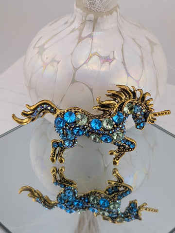 Unicorn Brooch, Gold Plated with Aqua Rhinestones (1.5 inch Pin)
