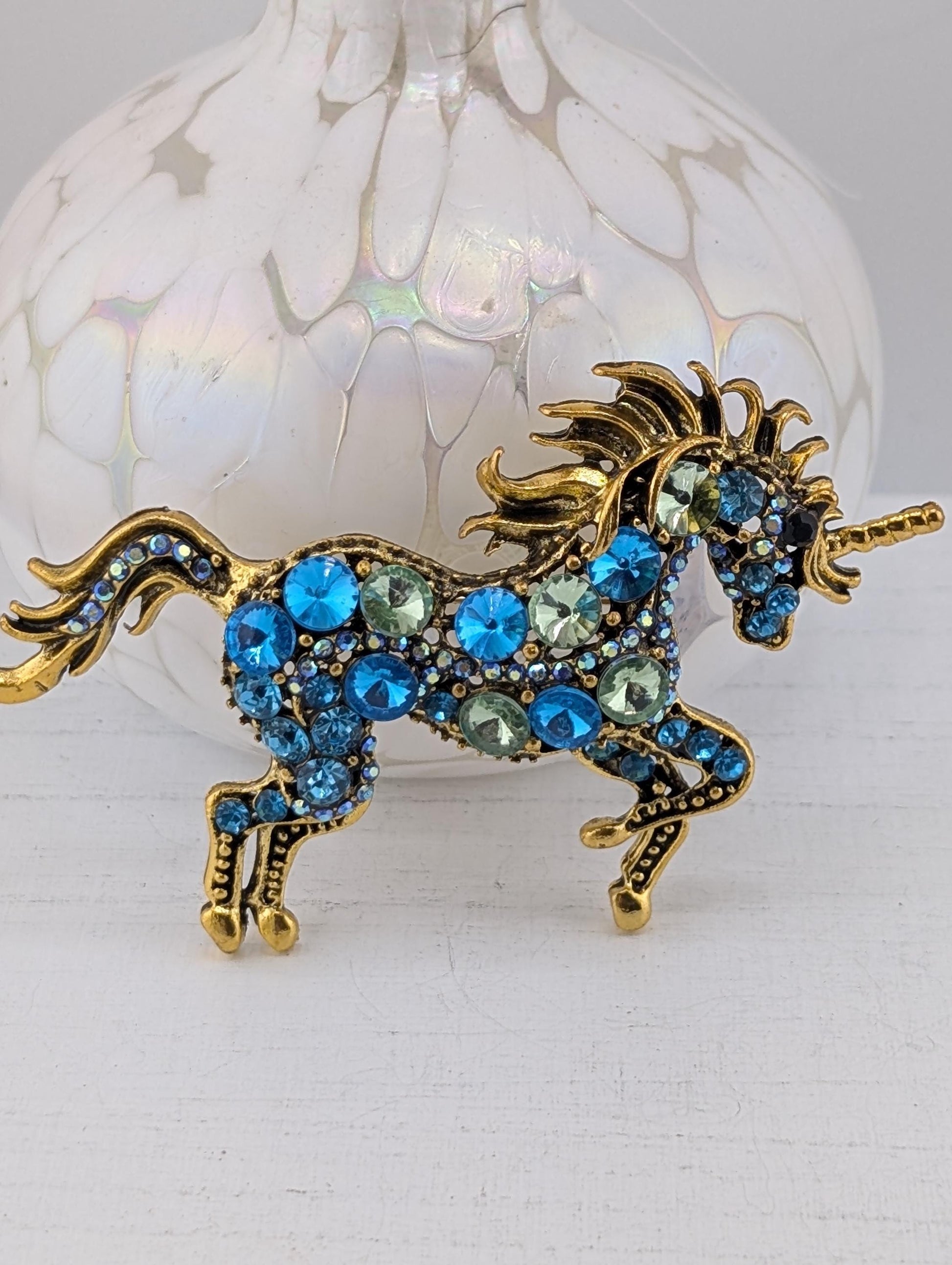 Unicorn Brooch, Gold Plated with Aqua Rhinestones (1.5 inch Pin)