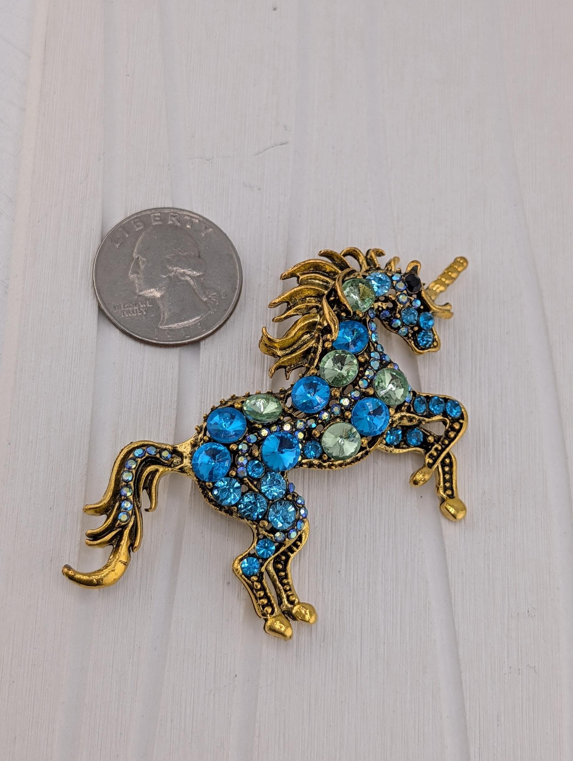Unicorn Brooch, Gold Plated with Aqua Rhinestones (1.5 inch Pin) | Handmade Pin | Jacket Scarf Hat Accessory | Gift Idea