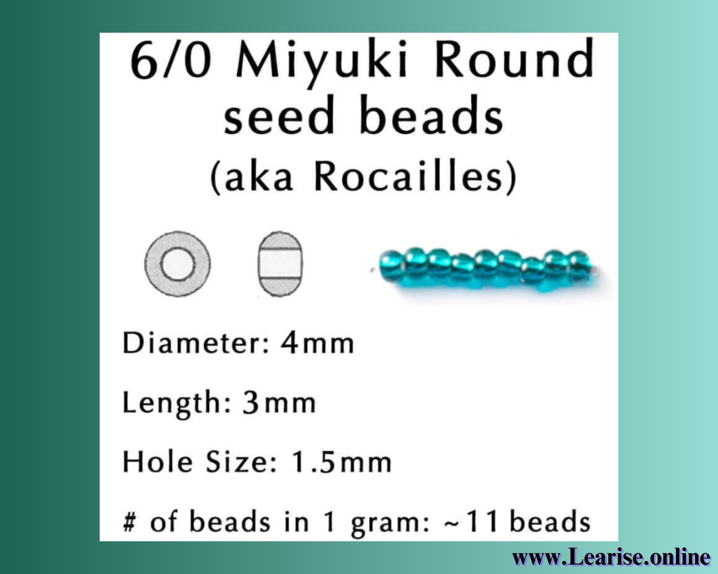 a collection of seed beads, specifically 6/0 Miyuki Round seed beads (aka Rocailles), with a hole size of 1.5mm and a total of 11 beads in 1 gram.