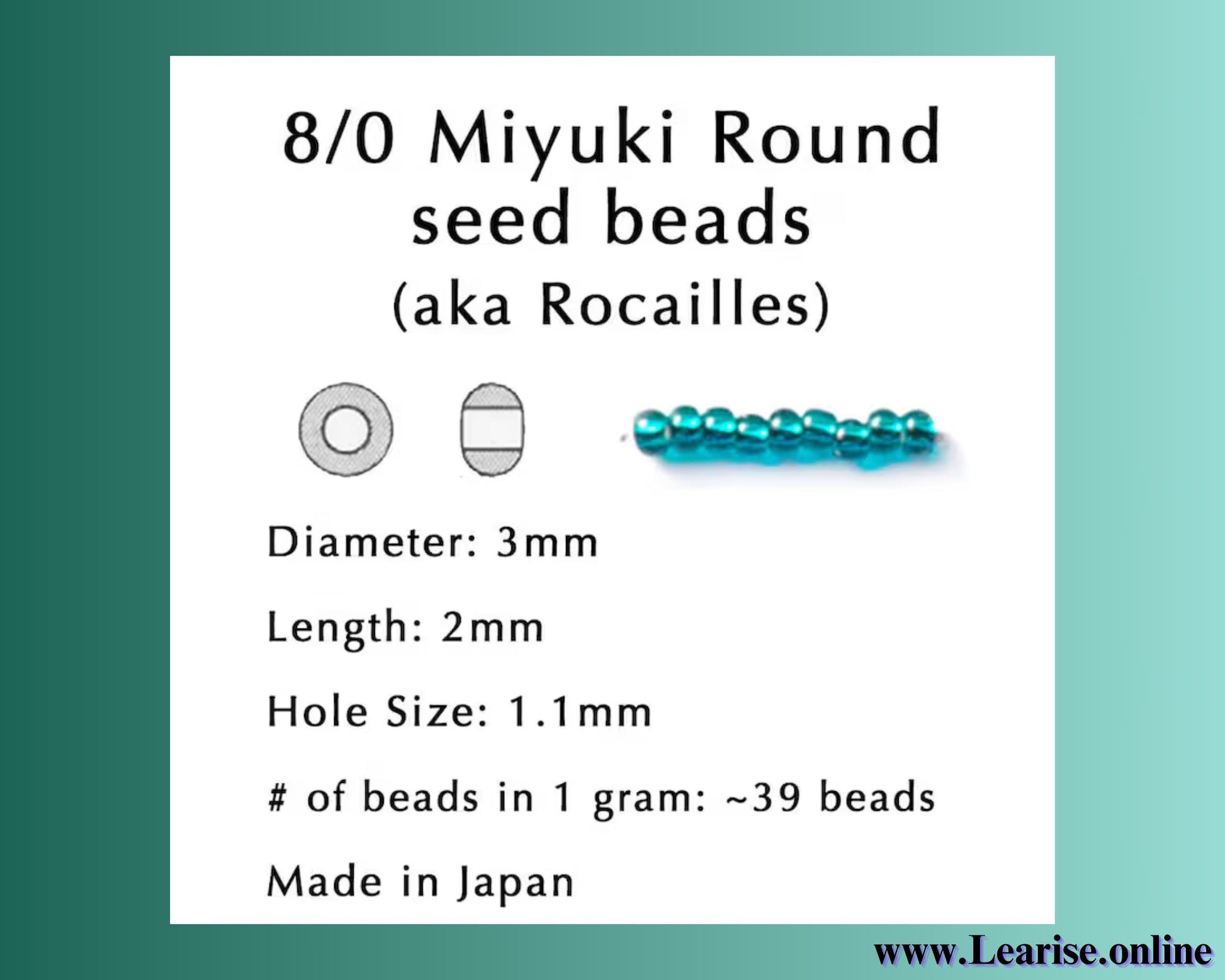 The image is a screenshot of a webpage that provides information about 8/0 Miyuki Round seed beads (aka Rocailles). The webpage includes a diagram of the hole size, the length of the beads, and the number of beads in 1 gram. The webpage also mentions that the beads are made in Japan.
