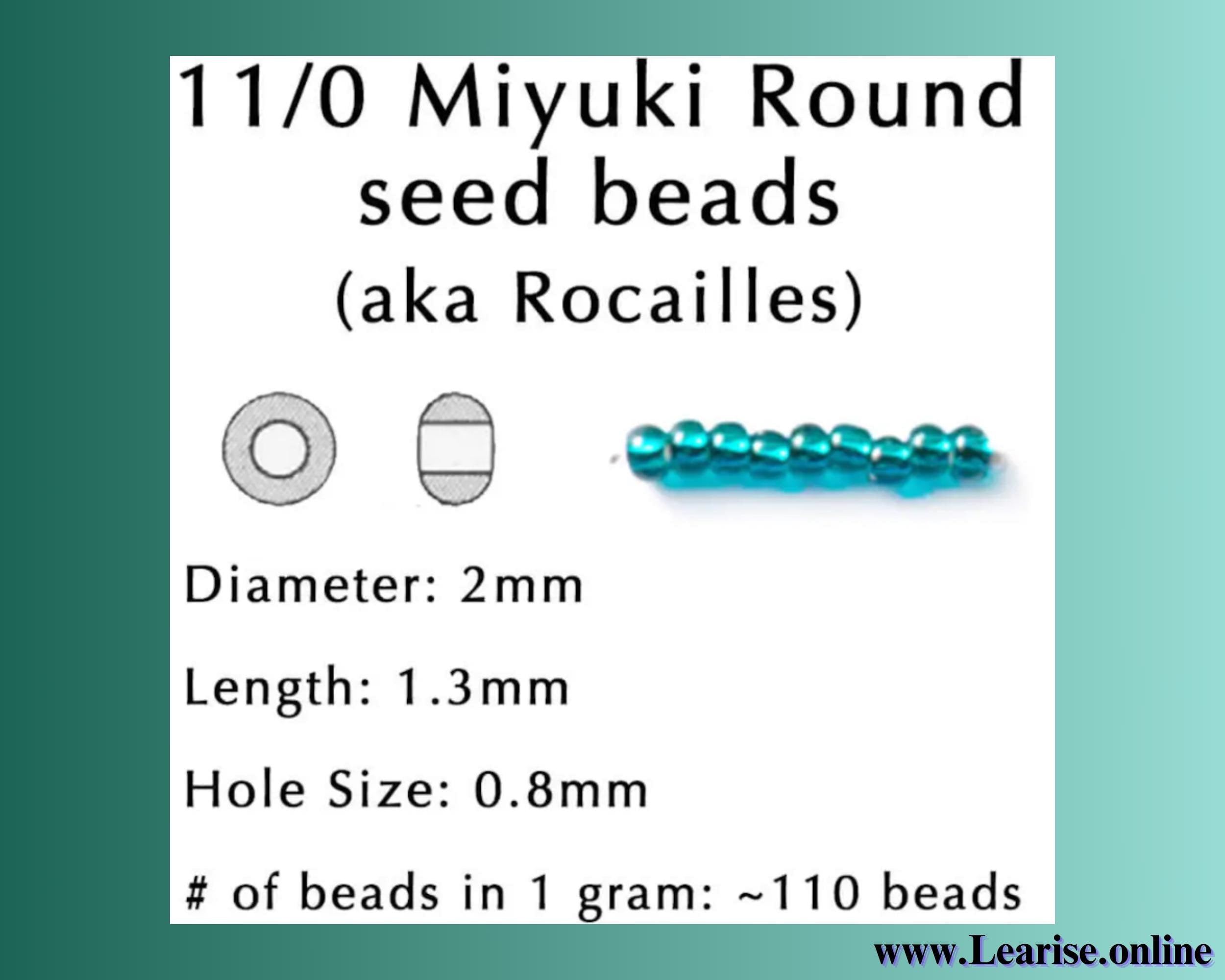 a collection of seed beads, specifically 11/0 Miyuki Round seed beads (aka Rocailles), with a focus on their dimensions, length, and hole size. The image also provides the number of beads in 1 gram, which is 110 beads.