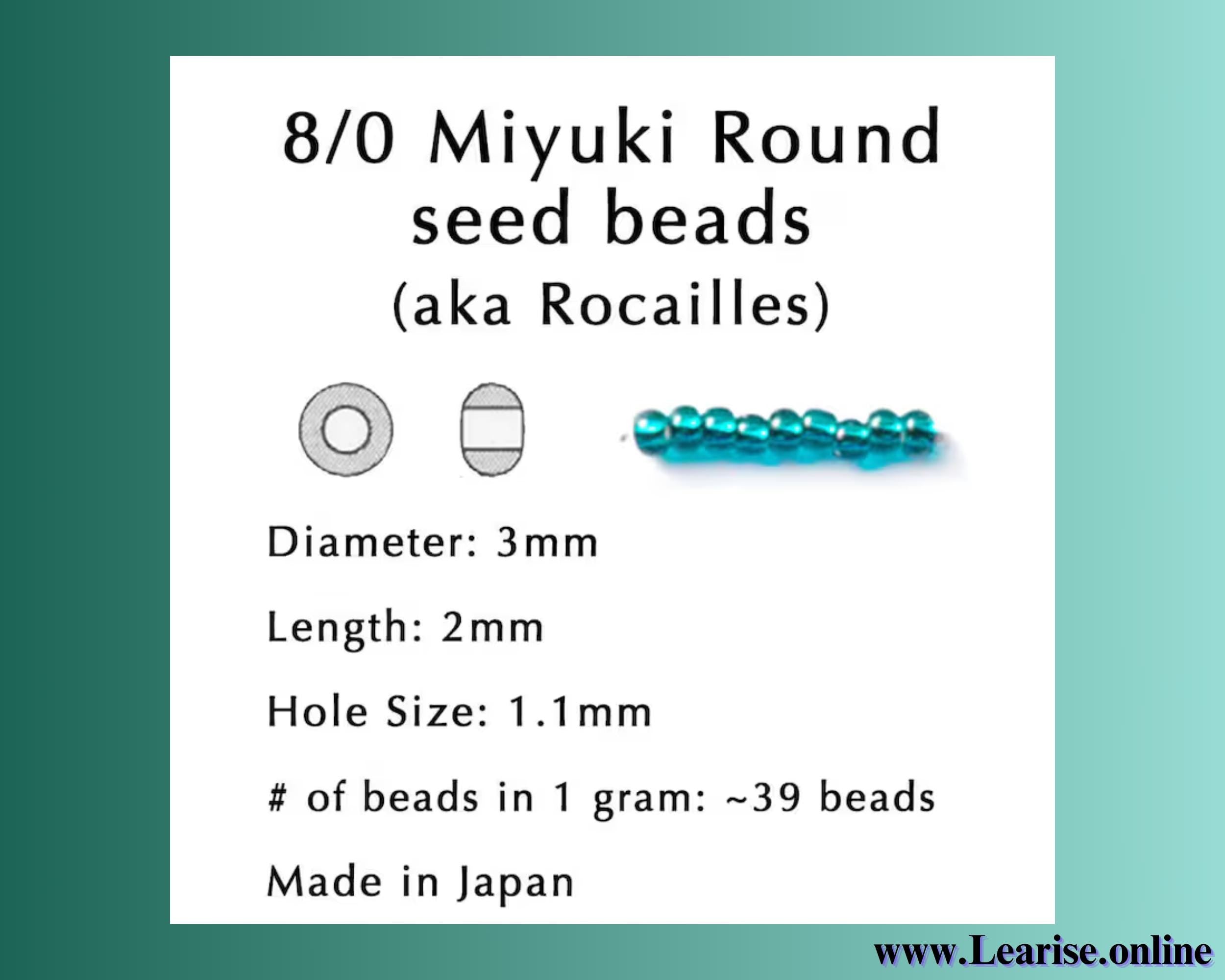 The image is a screenshot of a webpage that provides information about 8/0 Miyuki Round seed beads (aka Rocailles). The webpage includes a diagram of the hole size, the length of the beads, and the number of beads in 1 gram. The webpage also mentions that the beads are made in Japan.