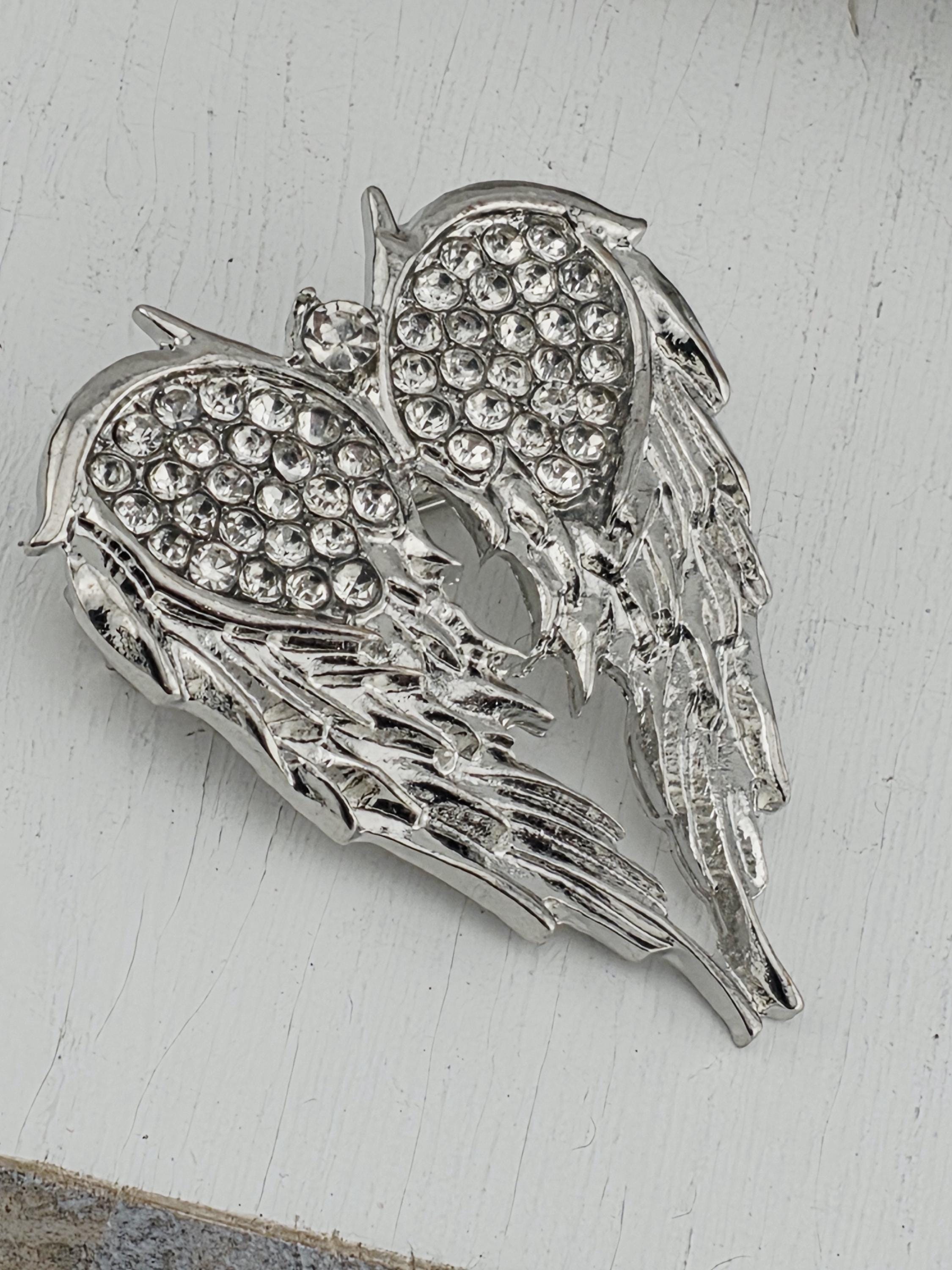 Angel Wings Brooch: Silver Plated Pin with Rhinestone Detail (Lightweight) | Handmade Pin | Jacket Scarf Hat Accessory | Gift Idea