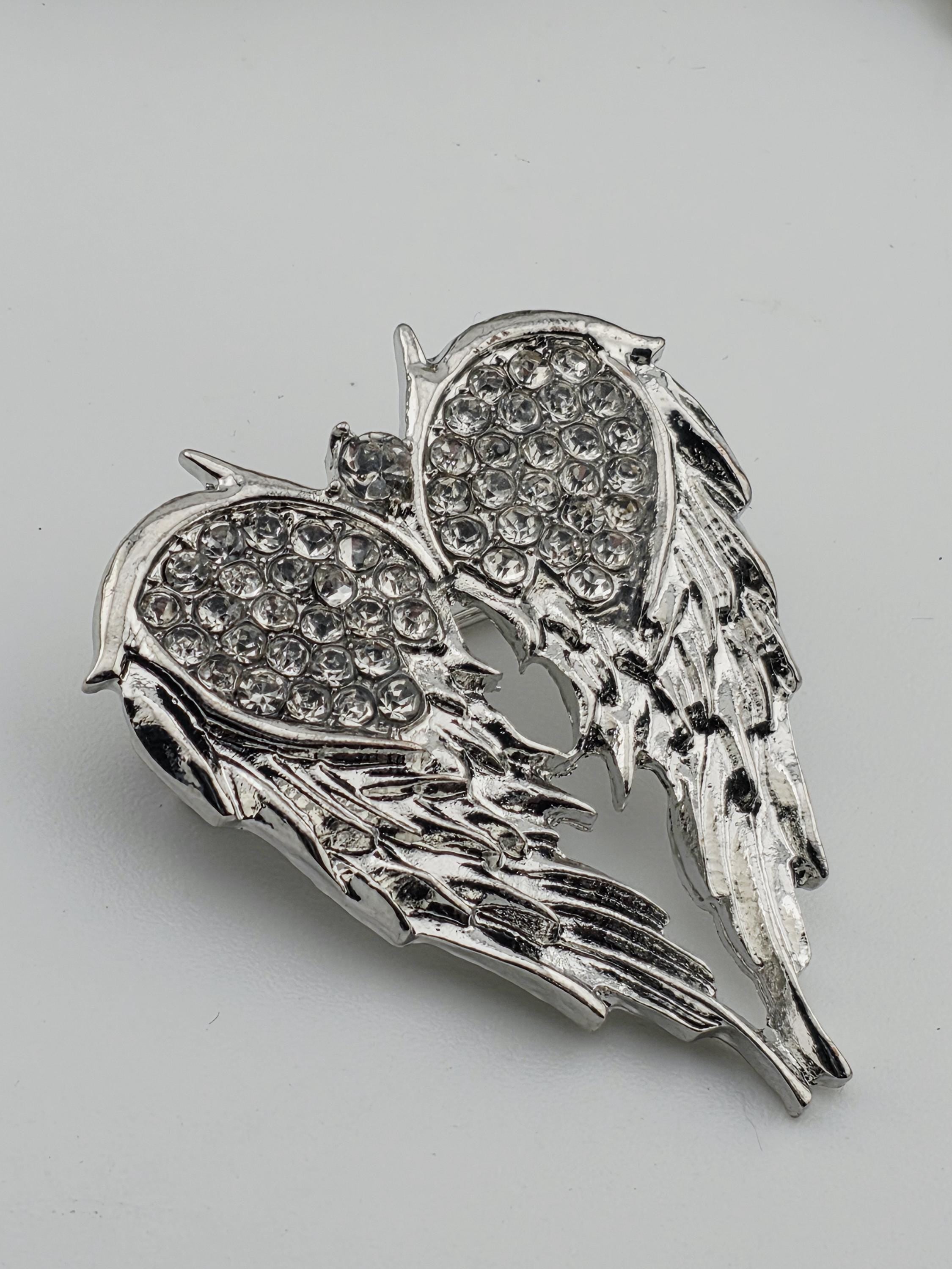 Angel Wings Brooch: Silver Plated Pin with Rhinestone Detail (Lightweight) | Handmade Pin | Jacket Scarf Hat Accessory | Gift Idea