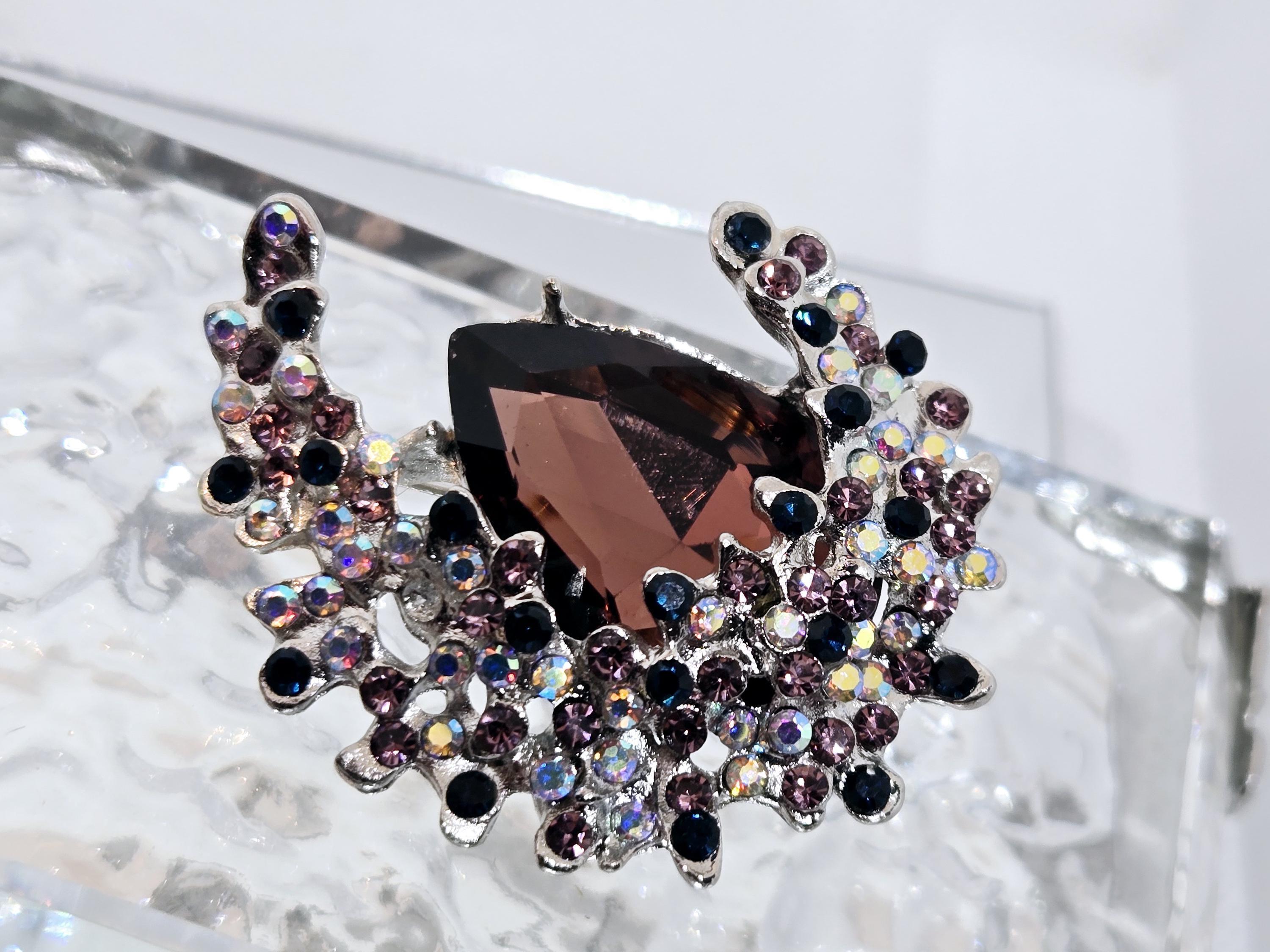 Amethyst Flower Brooch Pin - Silver-Plated with Purple Rhinestone