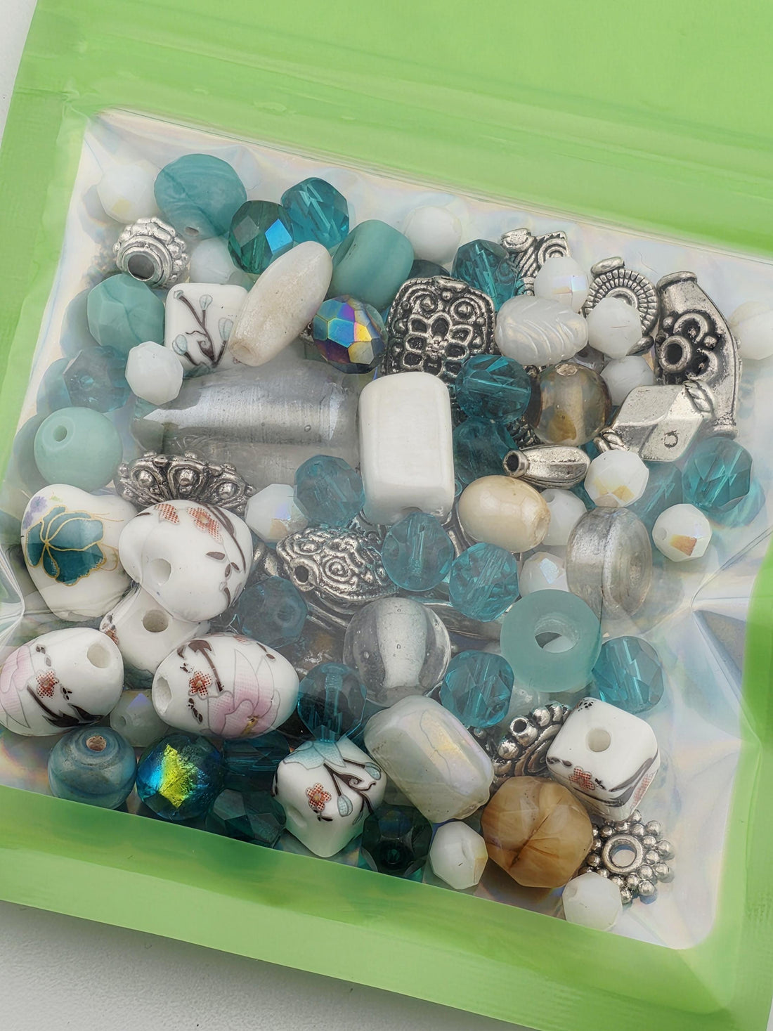 2oz "Antique Aqua" Glass Bead Mix Blue, brown & white with Metal Sea Life Charms
