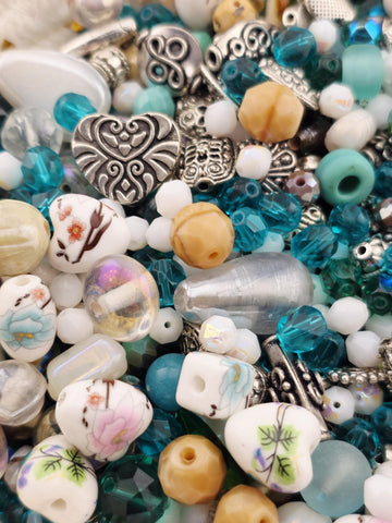 2oz "Antique Aqua" Glass Bead Mix Blue, brown & white Glass and Alloy beads with matching Sea Life Charms | Jewelry Making Bracelet Supply