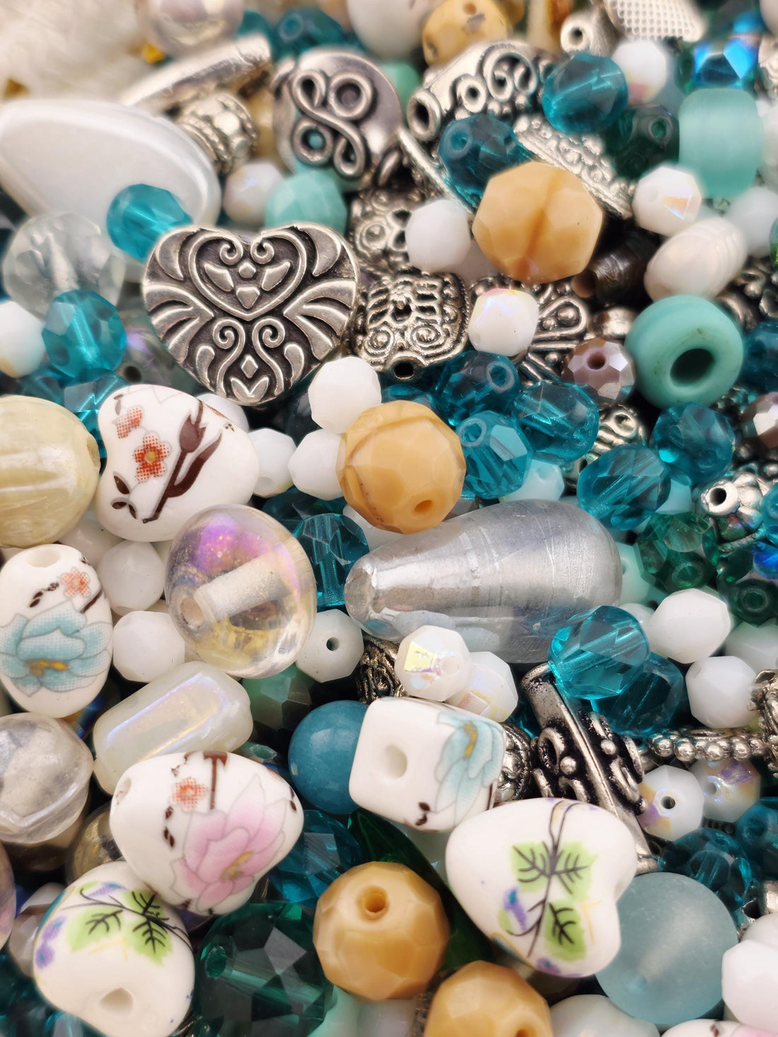2oz "Antique Aqua" Glass Bead Mix Blue, brown & white with Metal Sea Life Charms