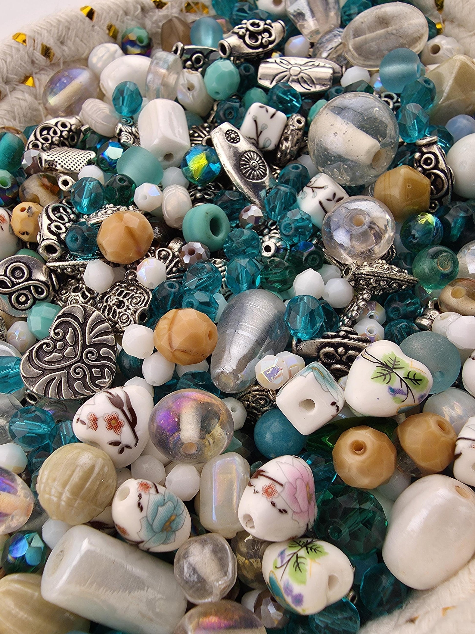 2oz "Antique Aqua" Glass Bead Mix Blue, brown & white with Metal Sea Life Charms