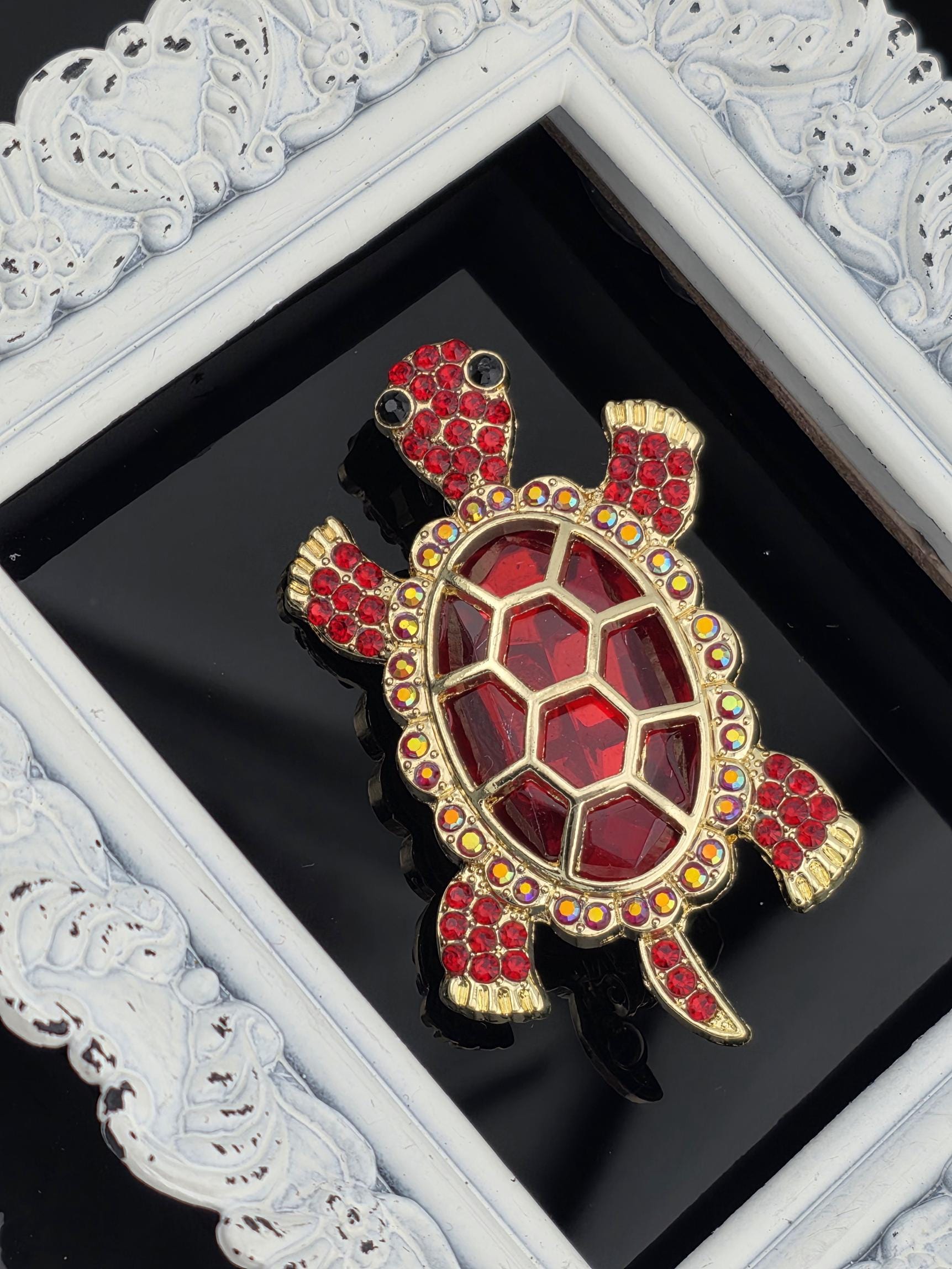 Gold Plated Turtle Brooch: Ruby Accents, Compact Size | Handmade Pin | Jacket Scarf Hat Accessory | Gift Idea