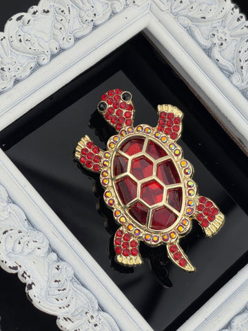 Gold Plated Turtle Brooch: Ruby Accents, Compact Size | Handmade Pin | Jacket Scarf Hat Accessory | Gift Idea