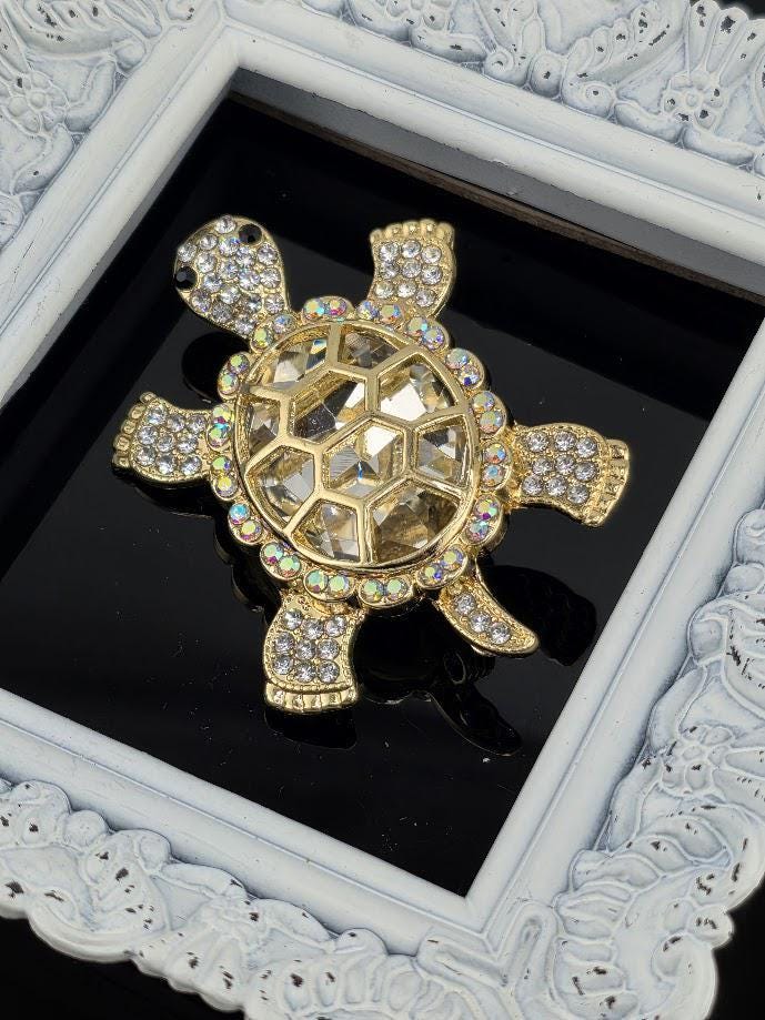 Turtle Brooch: Gold Tone Animal Pin (Cubic Zirconia Accent) | Handmade Pin | Jacket Scarf Hat Accessory | Gift Idea