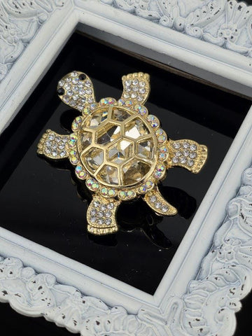 Turtle Brooch: Gold Tone Animal Pin (Cubic Zirconia Accent) | Handmade Pin | Jacket Scarf Hat Accessory | Gift Idea