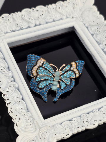 Butterfly Pendant, Gold Plated with Aqua Teal Gems (Delicate and Lightweight) | Handmade Pin | Jacket Scarf Hat Accessory | Gift Idea