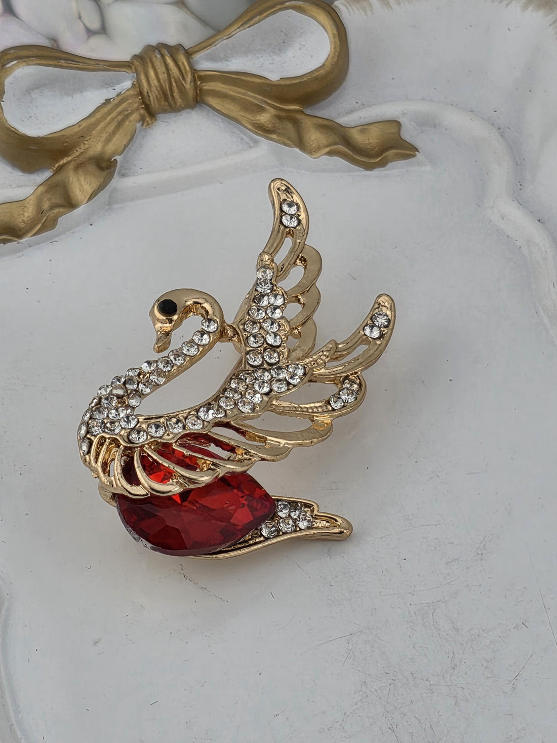 Delicate Swan Brooch: Gold Plated Jewelry (Ruby Accent Pin)