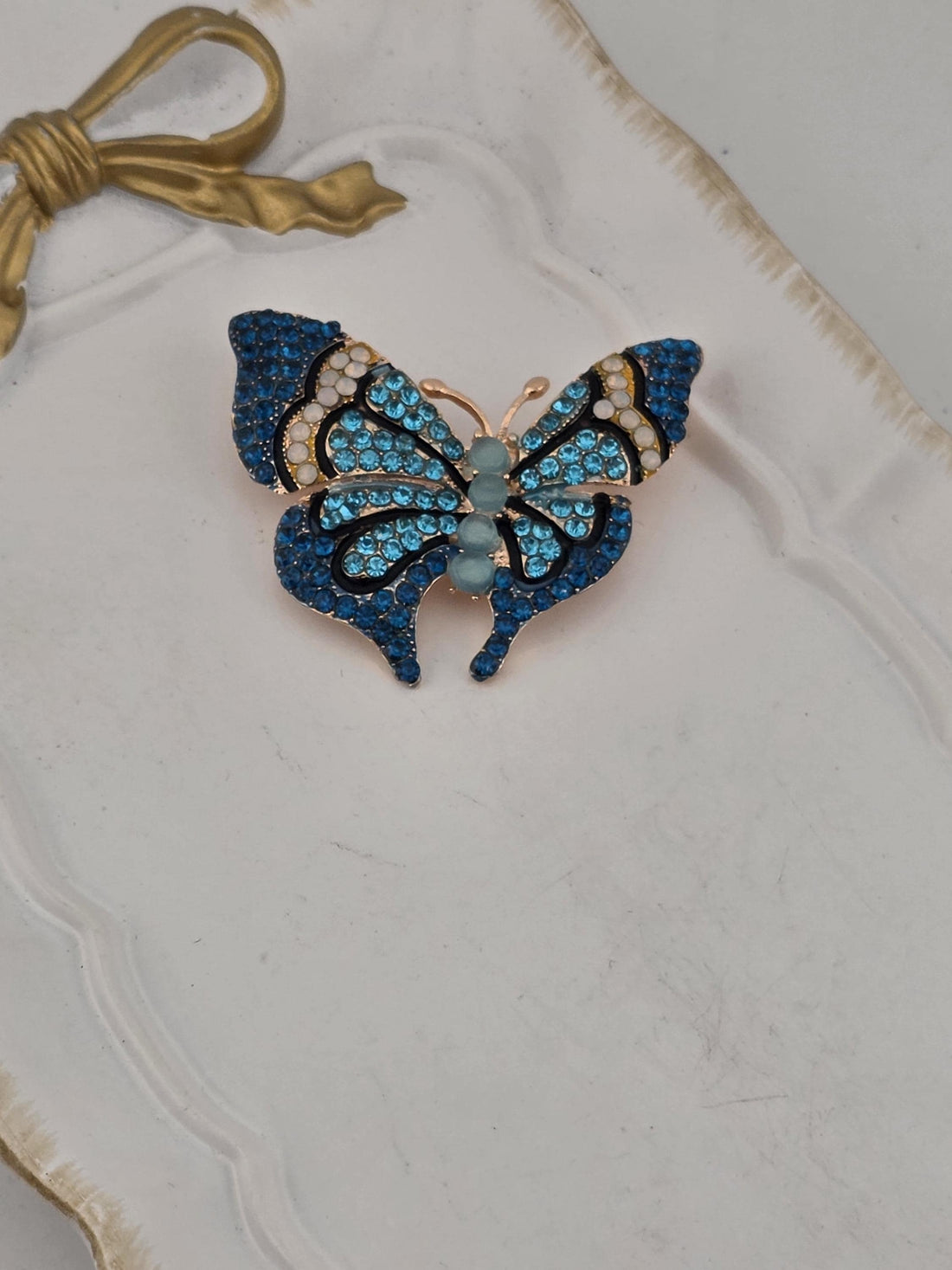 Butterfly Pendant, Gold Plated with Aqua Teal Gems (Delicate and Lightweight) | Handmade Pin | Jacket Scarf Hat Accessory | Gift Idea