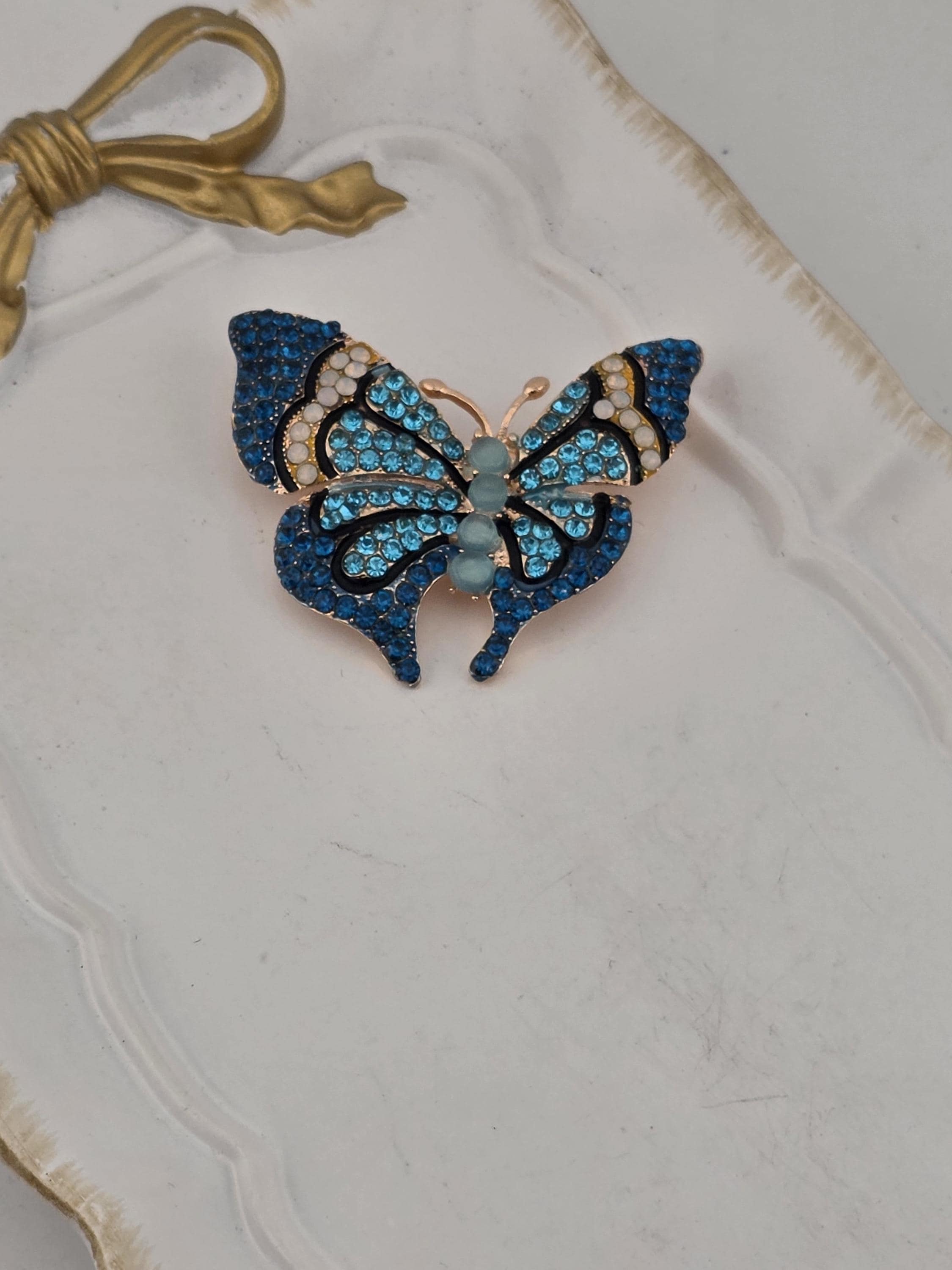 Butterfly Pendant, Gold Plated with Aqua Teal Gems (Delicate and Lightweight) | Handmade Pin | Jacket Scarf Hat Accessory | Gift Idea