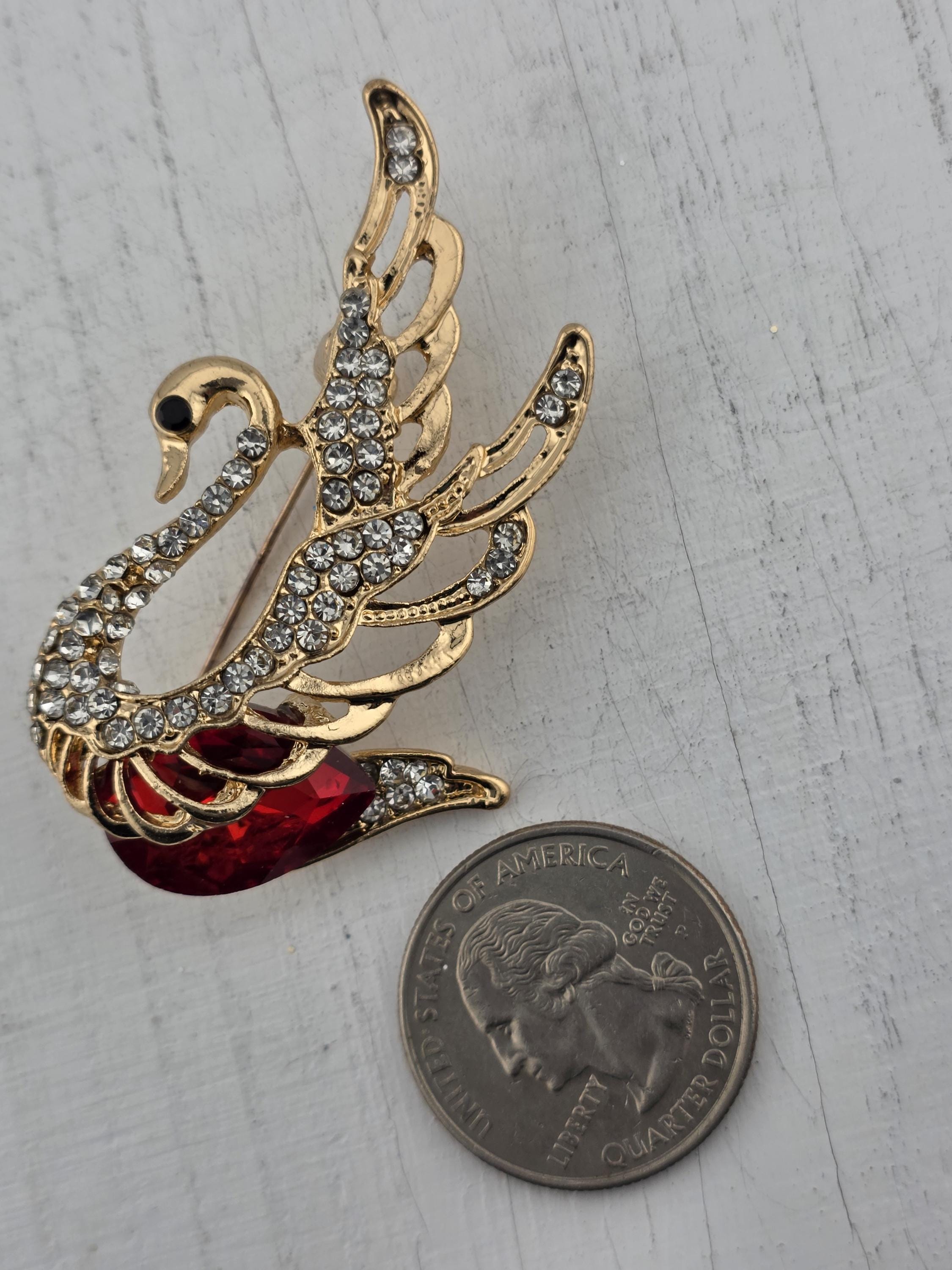 Delicate Swan Brooch: Gold Plated Jewelry (Ruby Accent Pin)