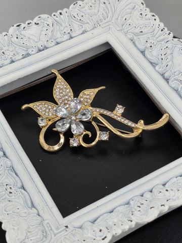 Gold Plated Flower Brooch: Sparkling CZ Stones, 1.5 Inch Pin