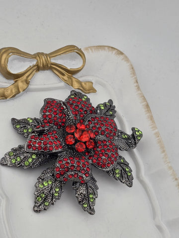 Red Flower Pendant: Gunmetal Setting with Sparkling Rhinestones | Handmade Pin | Jacket Scarf Hat Accessory | Gift Idea