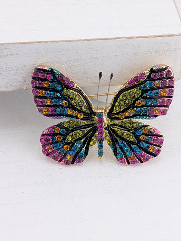 Gold Butterfly Brooch - Sparkling Rhinestone Pin | Handmade Pin | Jacket Scarf Hat Accessory | Gift Idea