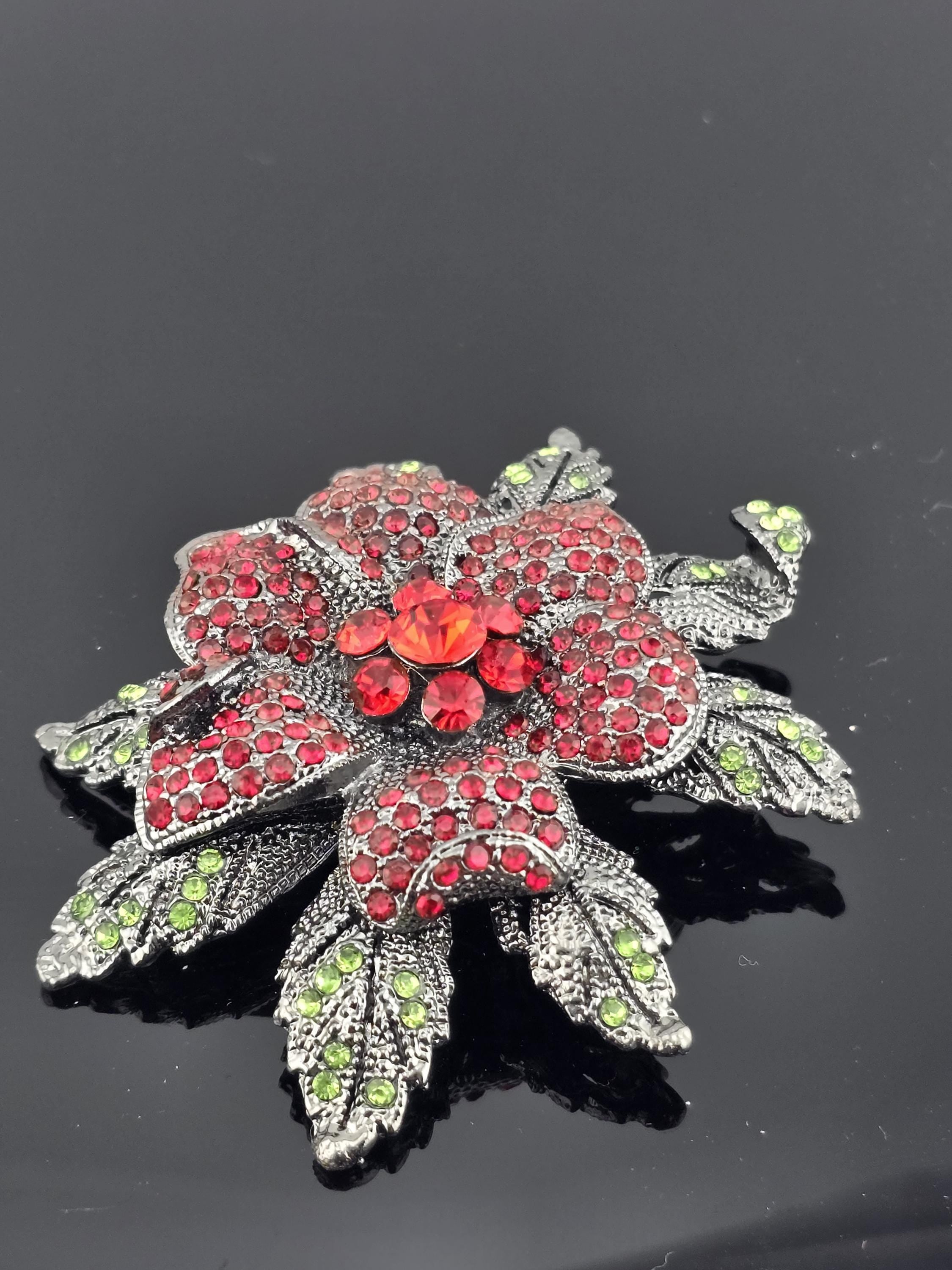 Red Flower Pendant: Gunmetal Setting with Sparkling Rhinestones | Handmade Pin | Jacket Scarf Hat Accessory | Gift Idea
