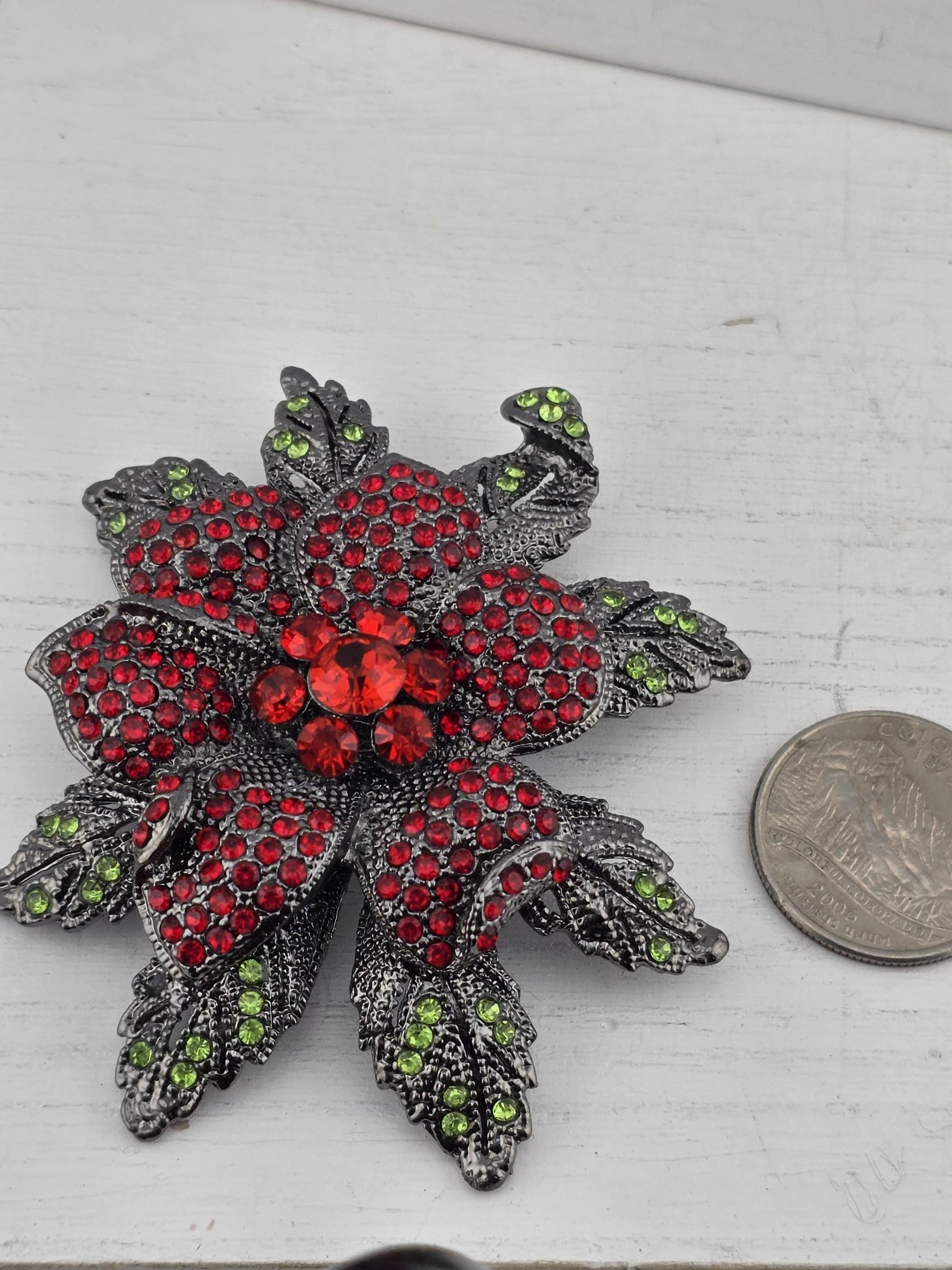 Red Flower Pendant: Gunmetal Setting with Sparkling Rhinestones | Handmade Pin | Jacket Scarf Hat Accessory | Gift Idea