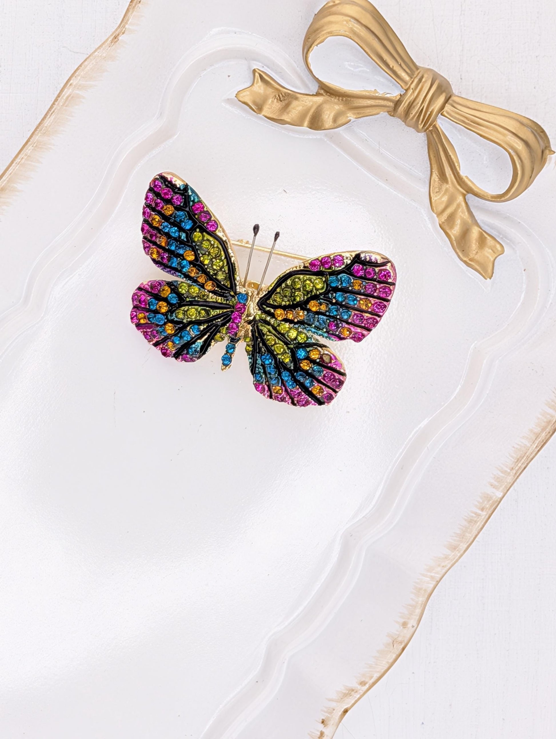 Gold Butterfly Brooch - Sparkling Rhinestone Pin | Handmade Pin | Jacket Scarf Hat Accessory | Gift Idea