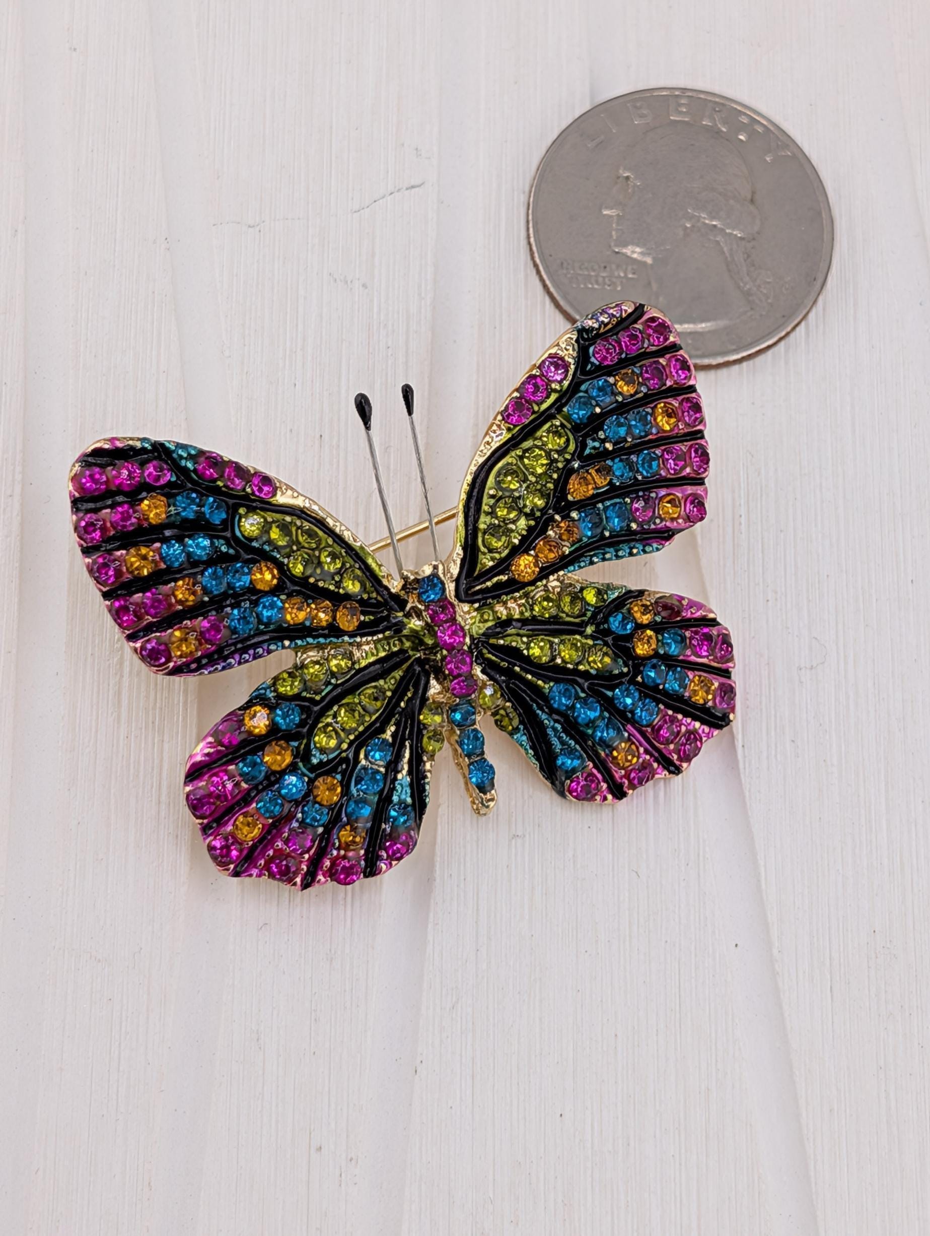 Gold Butterfly Brooch - Sparkling Rhinestone Pin | Handmade Pin | Jacket Scarf Hat Accessory | Gift Idea