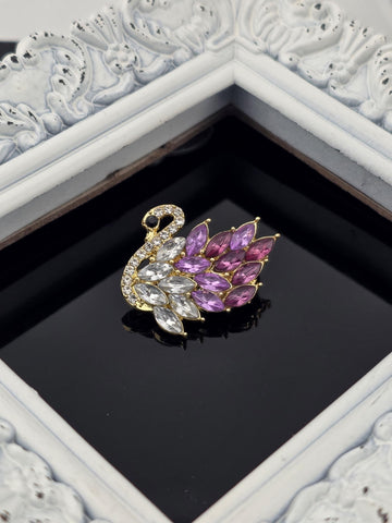 Swan Brooch, gold Plated with Pink & Purple Rhinestones (Compact Lapel Pin)