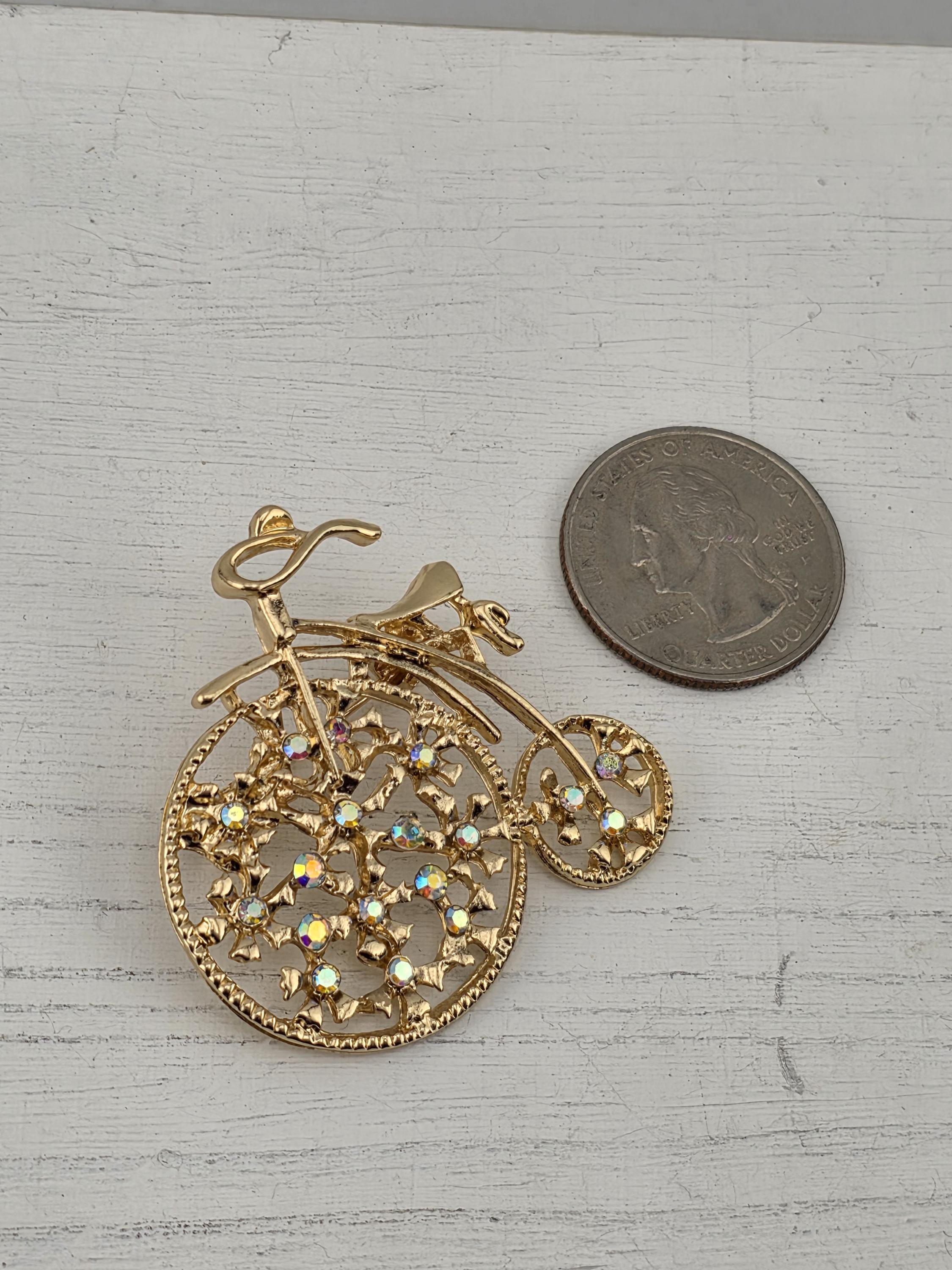 Bicycle Pendant: Gold Plated Rhinestones (Charm for Jewelry) | Handmade Pin | Jacket Scarf Hat Accessory | Gift Idea