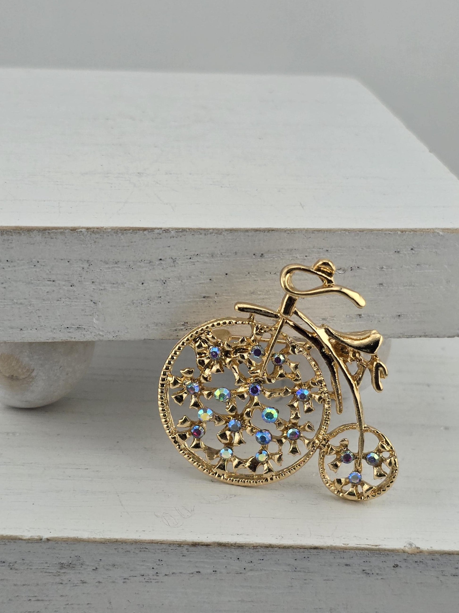 Bicycle Pendant: Gold Plated Rhinestones (Charm for Jewelry) | Handmade Pin | Jacket Scarf Hat Accessory | Gift Idea
